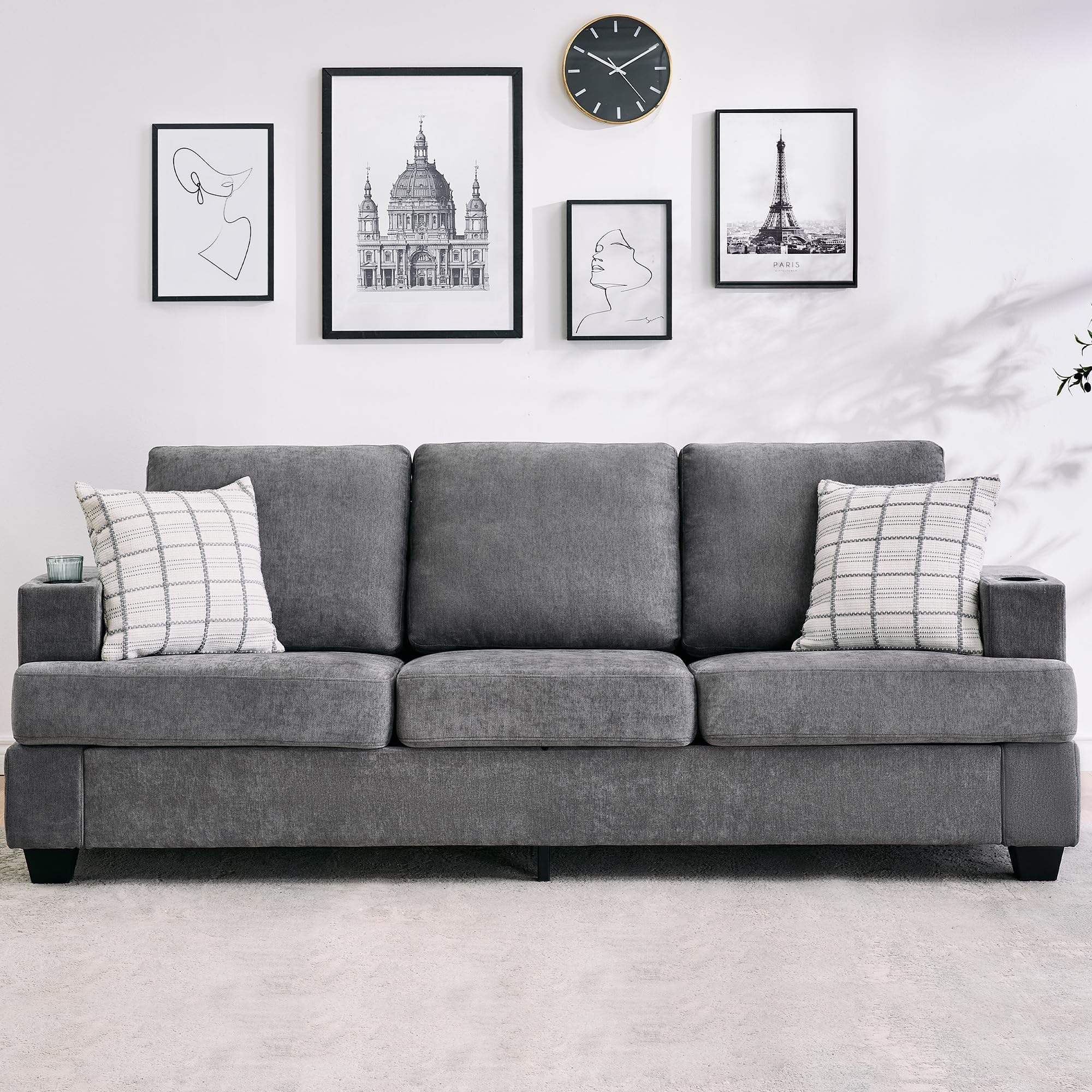 Modern 89" 3-Seater Chenille Sofa with Cup Holders