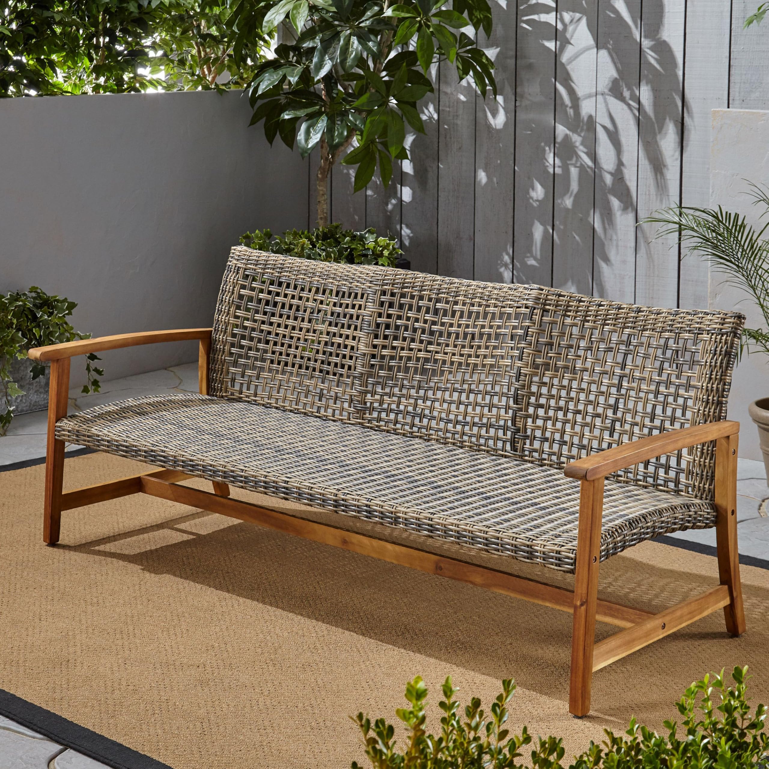 Outdoor Wicker Sofa with Acacia Wood Frame