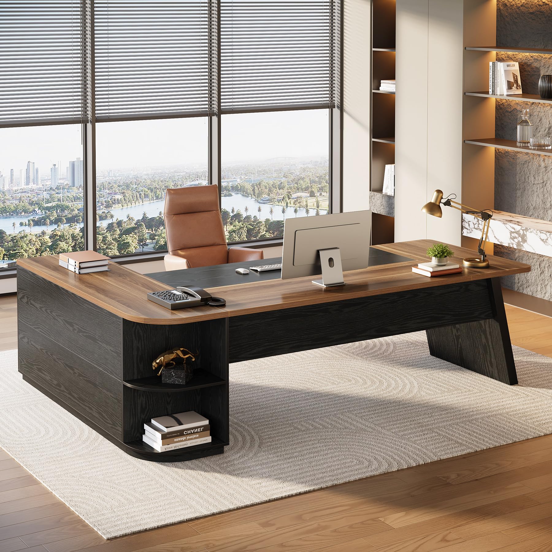 79-Inch L-Shaped Executive Desk with Storage Cabinet