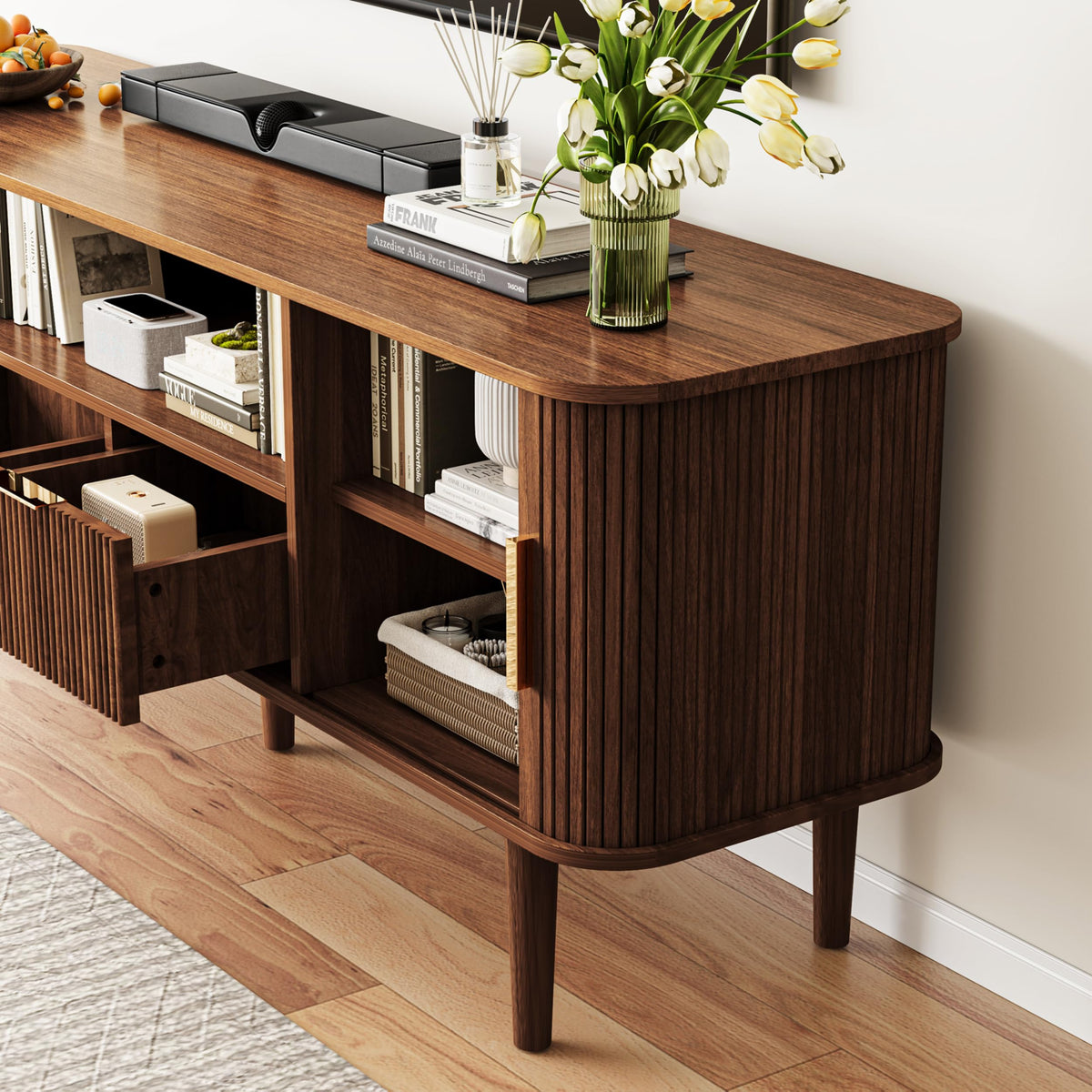 62.4 Inch Fluted TV Stand with Sliding Tambour Door