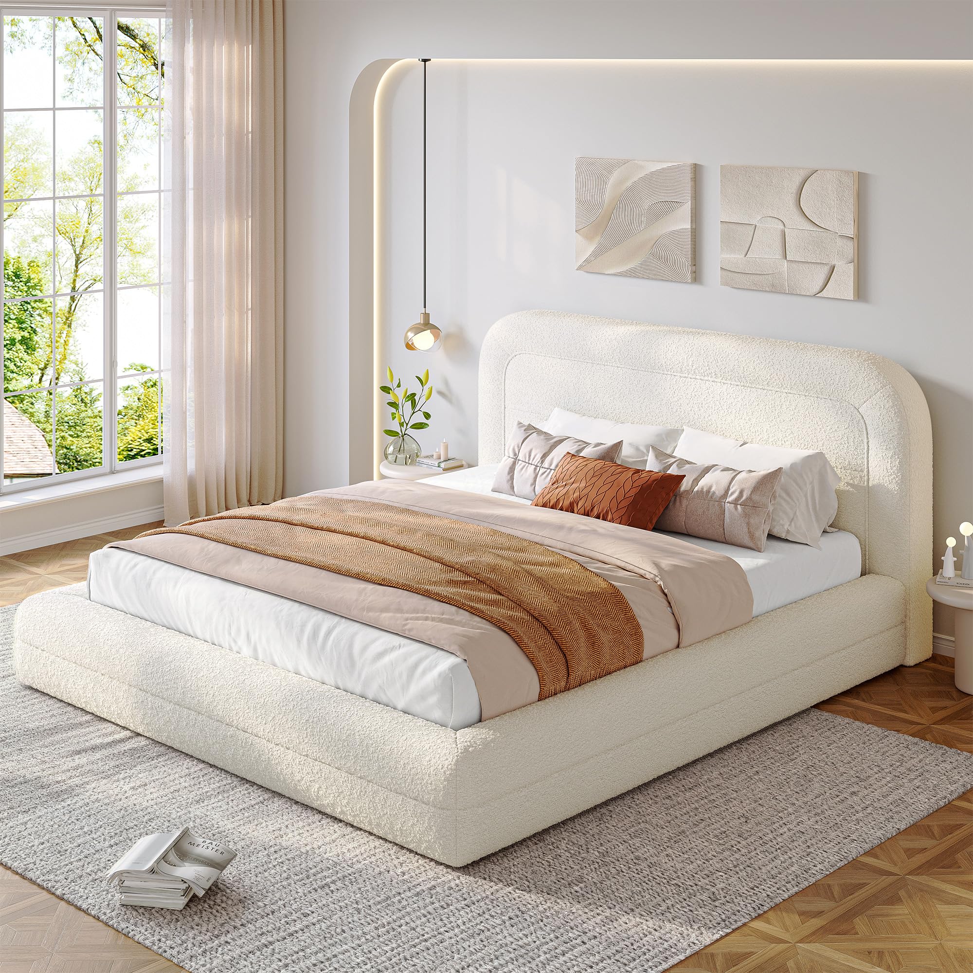 Queen Upholstered Platform Bed Frame with Curved Headboard