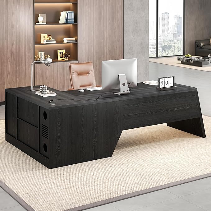L-Shaped Executive Desk with Drawer and Power Outlet