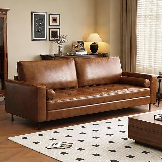 Faux Leather Sofa 86.61" Three-Seater with Solid Wood Frame