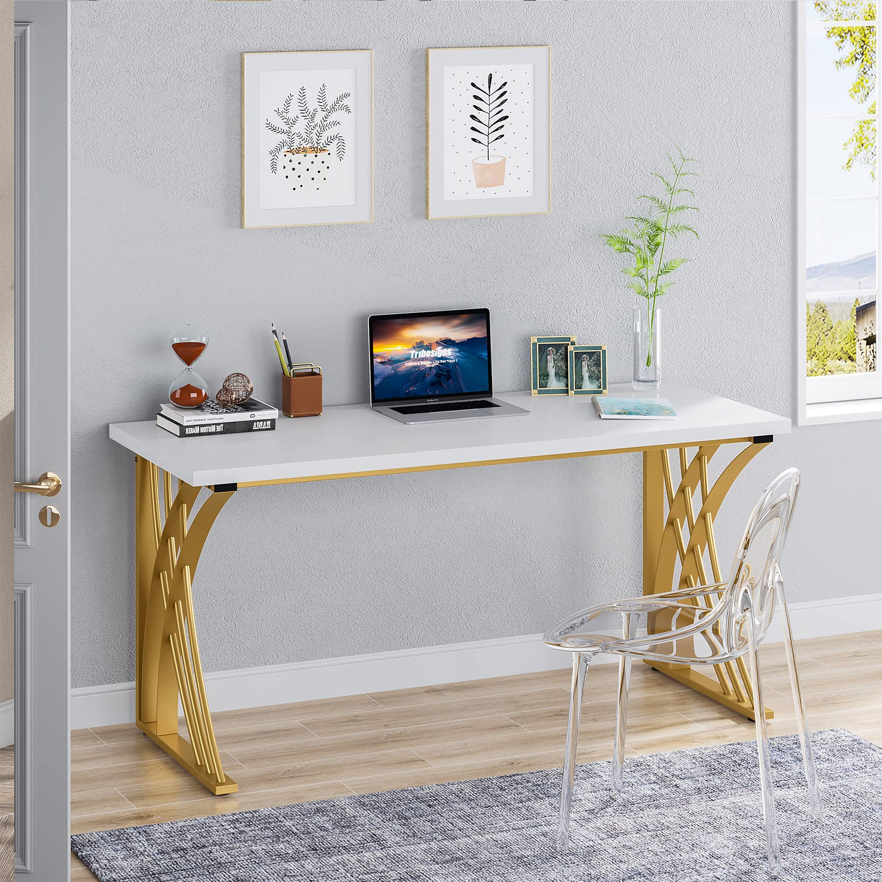 55" Modern Computer Desk White & Gold