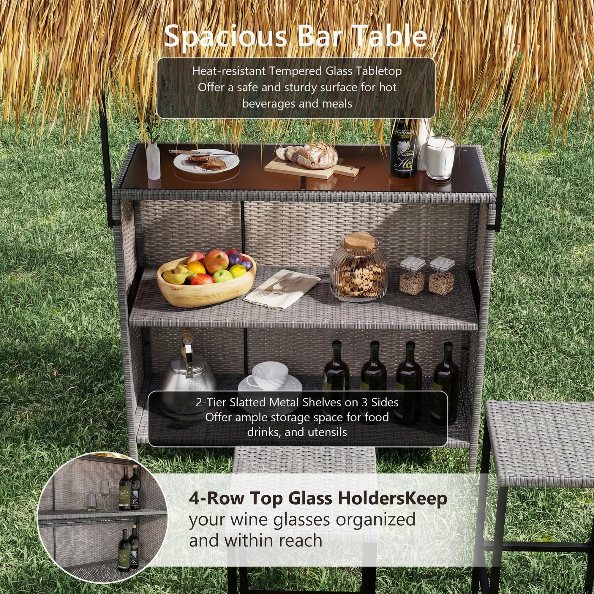 Tiki Bar Outdoor Patio Set with Tempered Glass Top