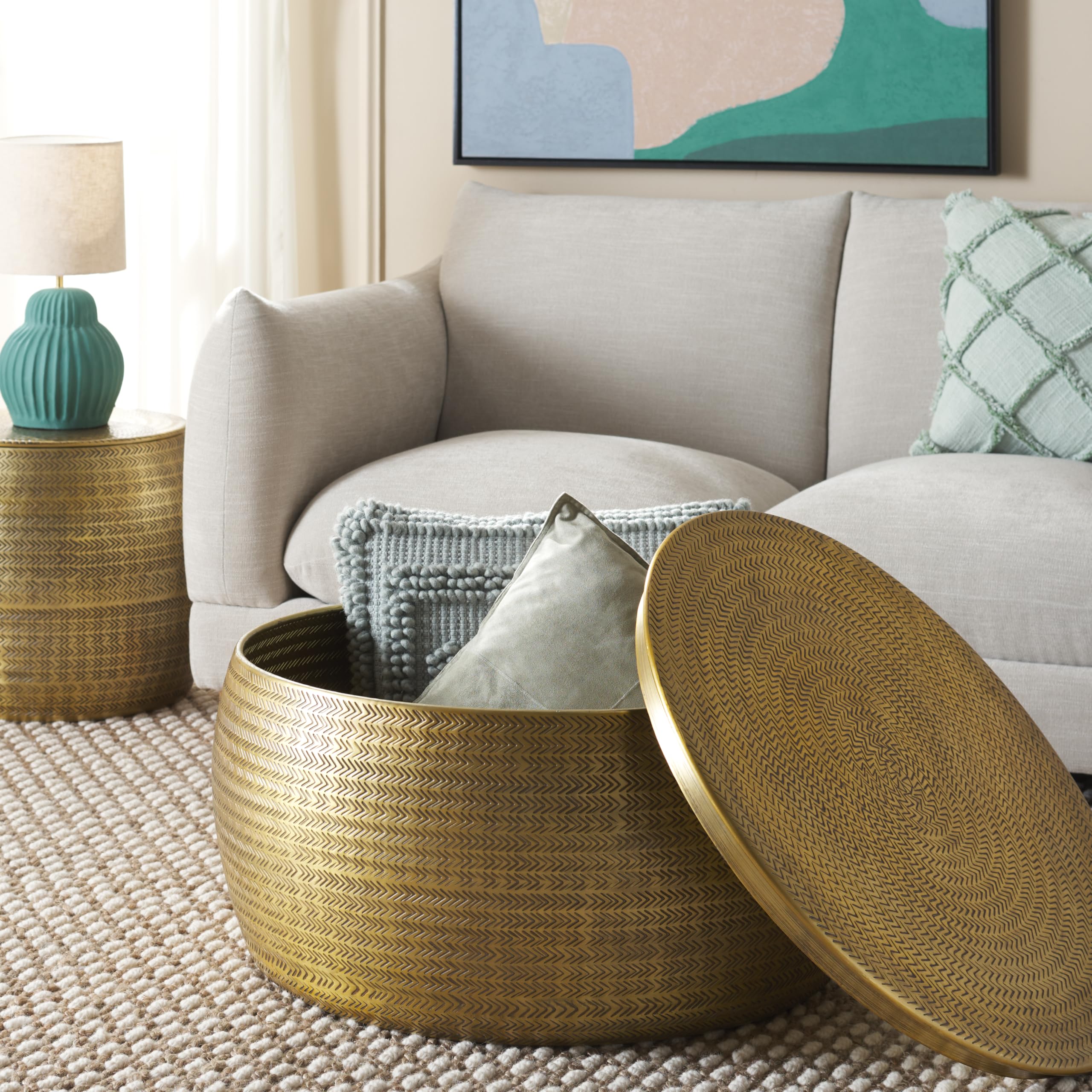 Apoline Antique Brass Drum Storage Coffee Table