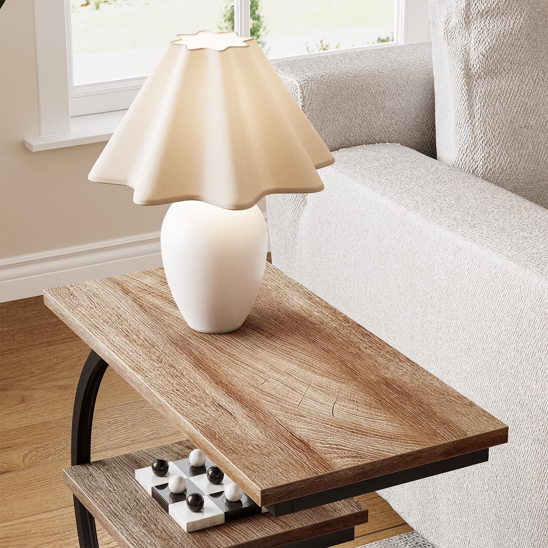 C-Shaped End Table with Storage Shelves