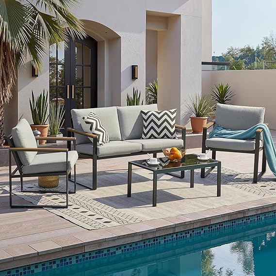 4 Piece Metal Patio Conversation Set with Olefin Cushions