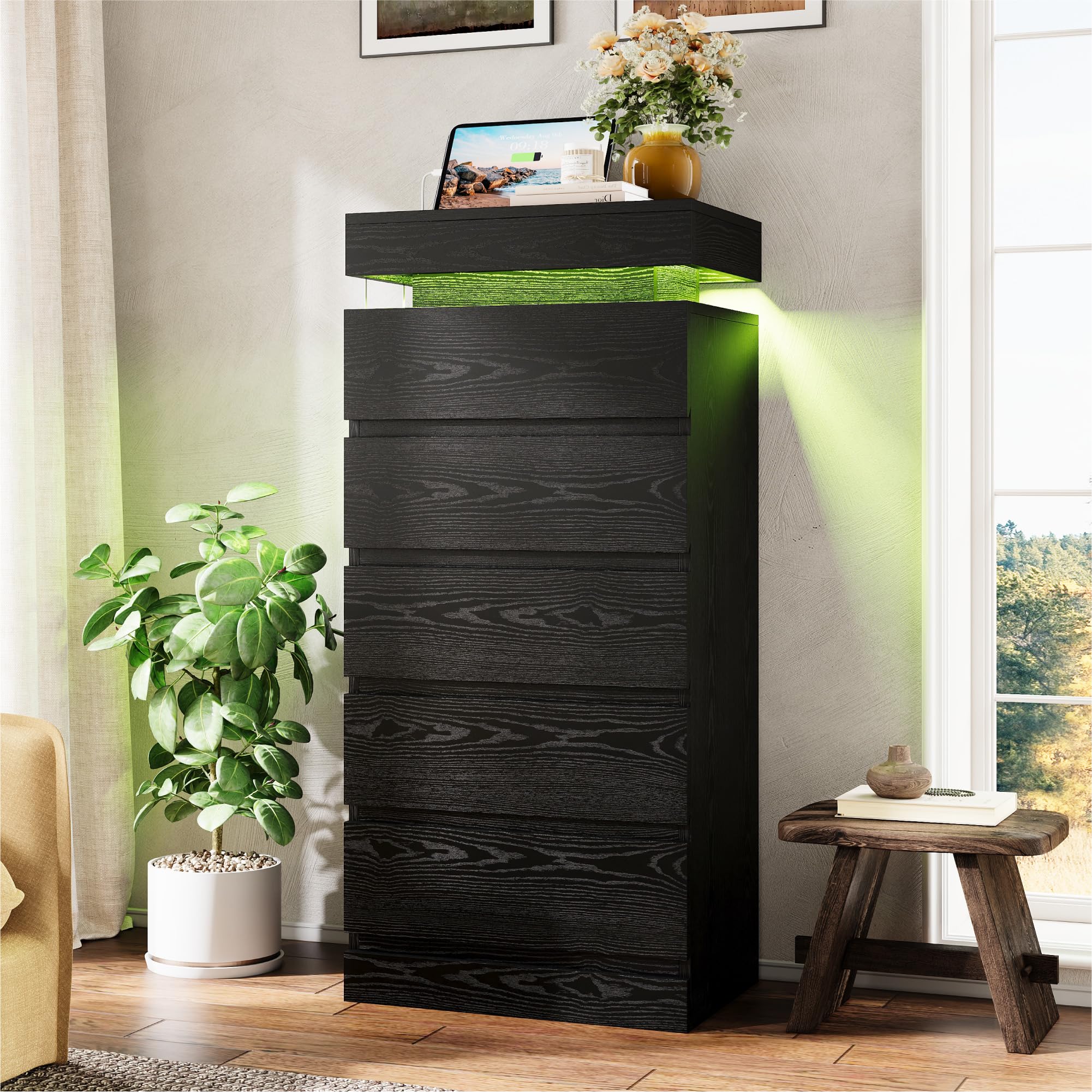 54" Tall 5 Drawer Dresser with LED Light and Power Outlet