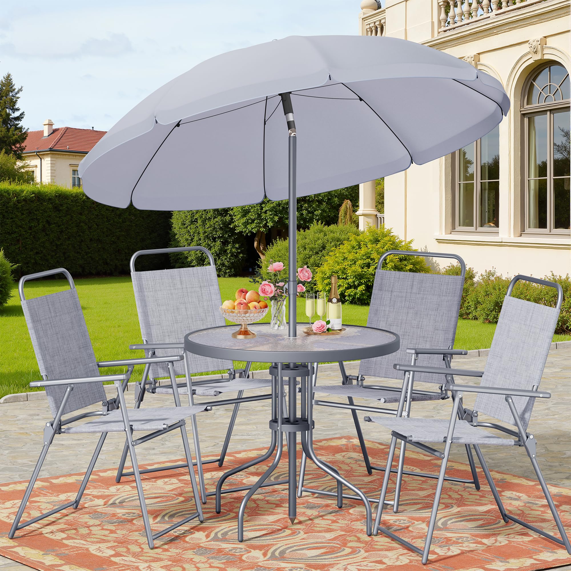 Shintenchi 6 Piece Patio Dining Set with Umbrella, Outdoor Furniture Set with 4 Folding Chairs and Tempered Glass Top Dining Table fot Lawn Backyard Garden Porch, Silver