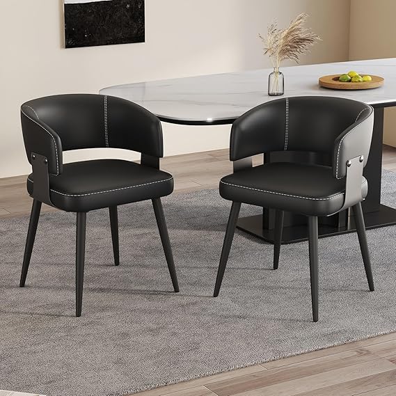 Faux Leather Dining Chairs Set of 2 with Curved Back and Metal Legs