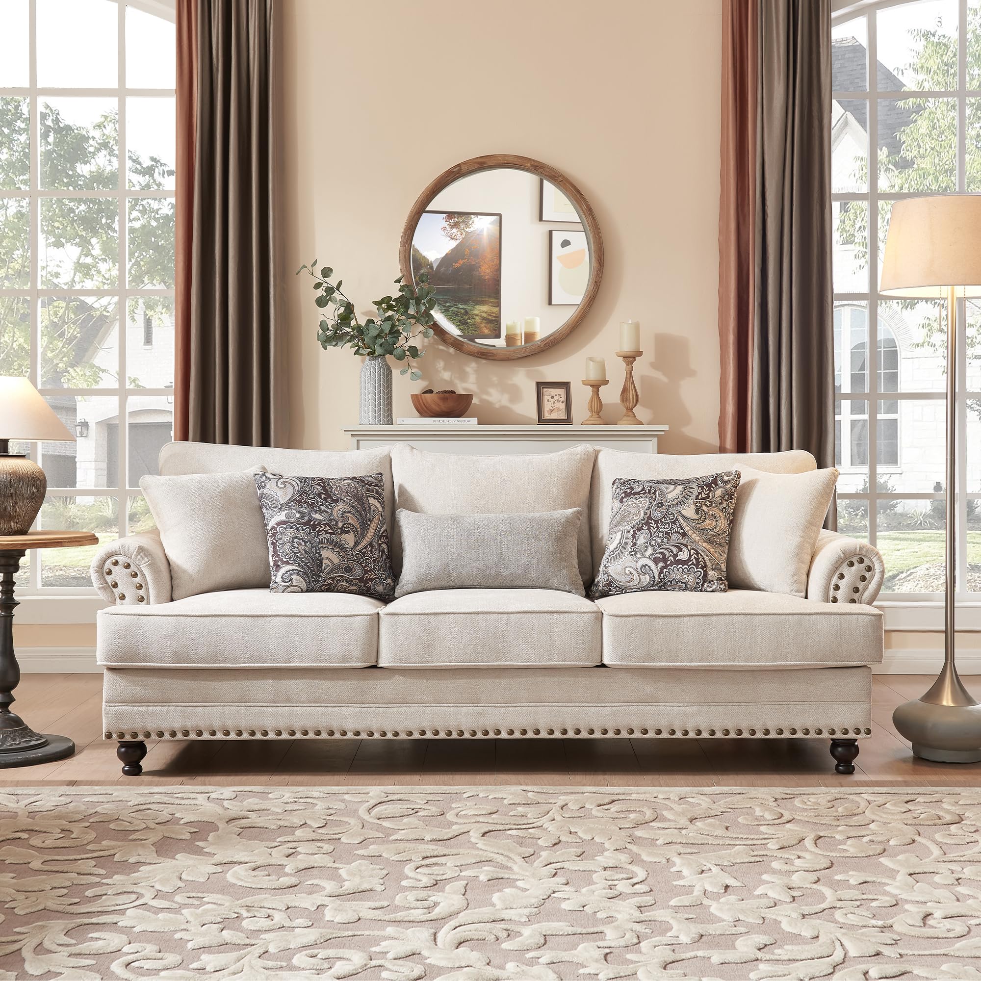 3-Seat Chenille Sofa with Nailhead Trim