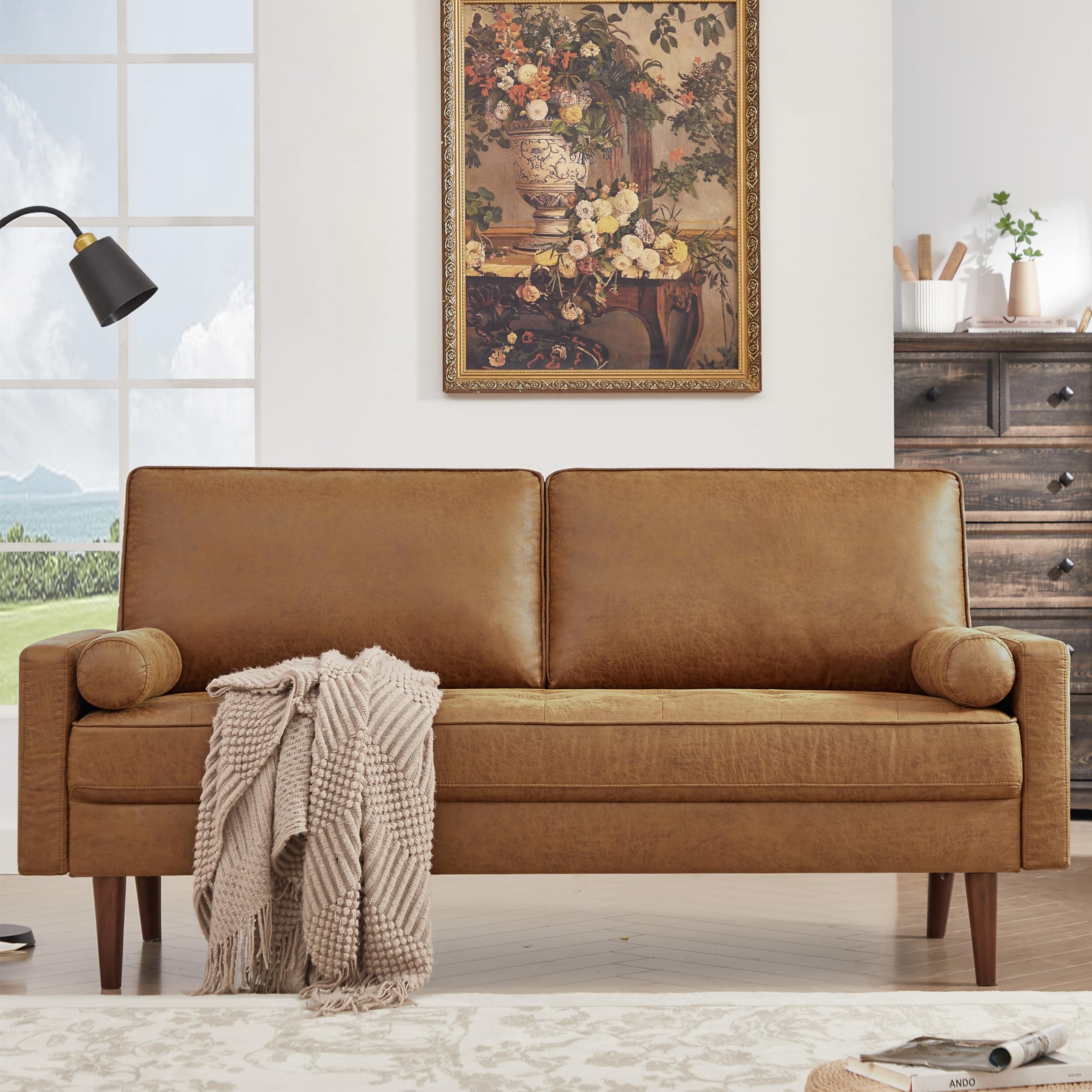 58" Mid-Century Modern Loveseat Sofa - Brown Faux Leather