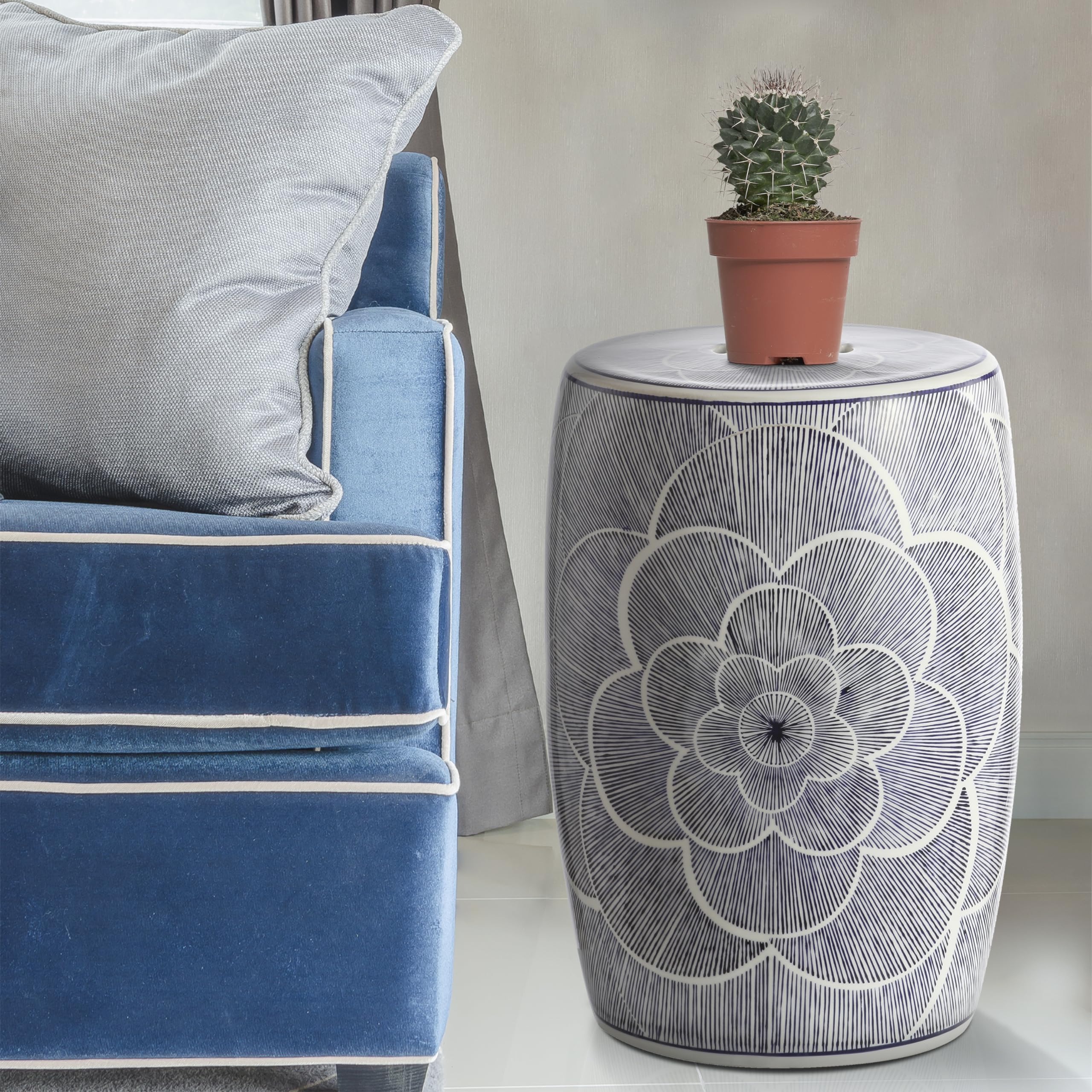 Ceramic Drum Garden Stool 17" Blue White Floral