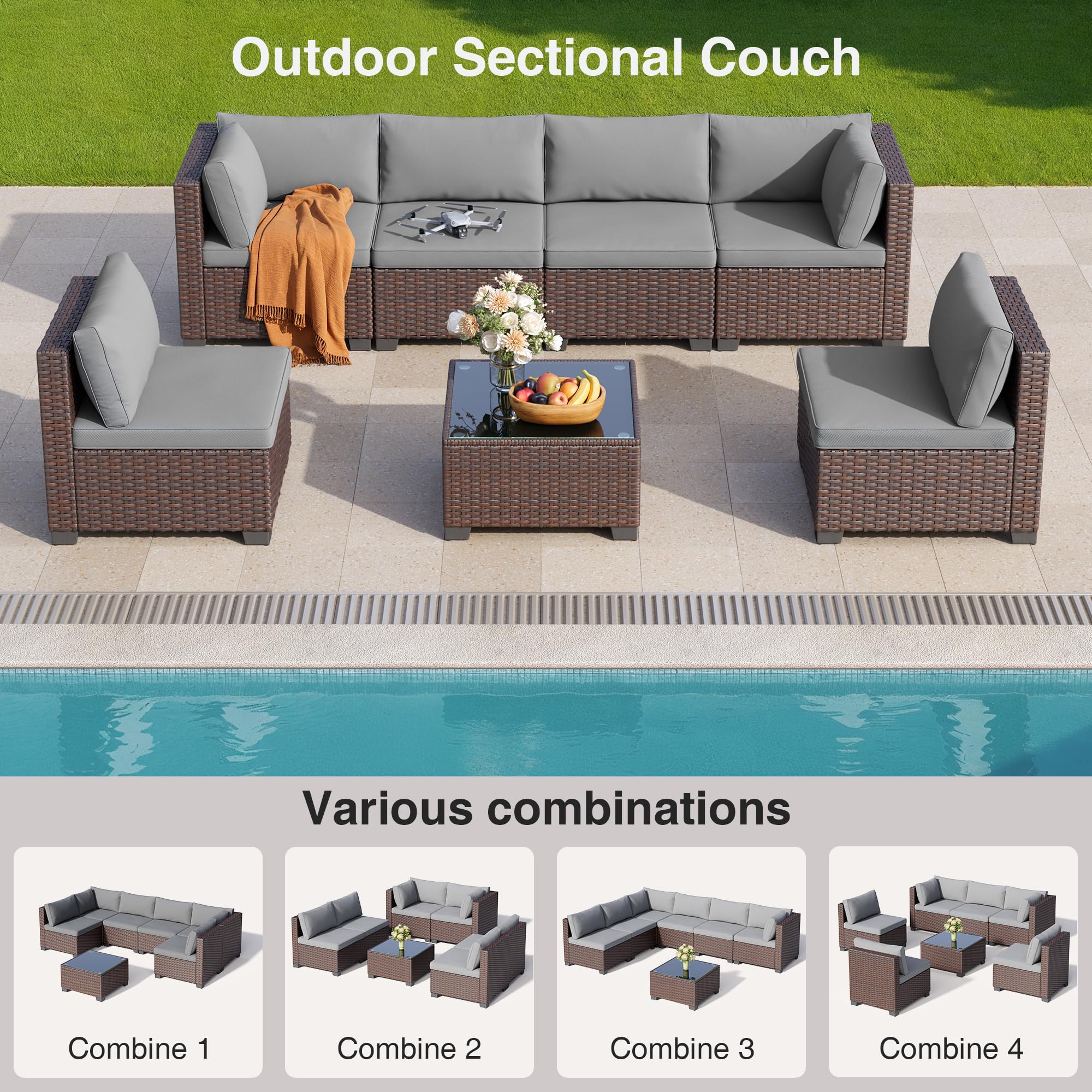 7-Piece Outdoor Patio Furniture Set with Glass Coffee Table