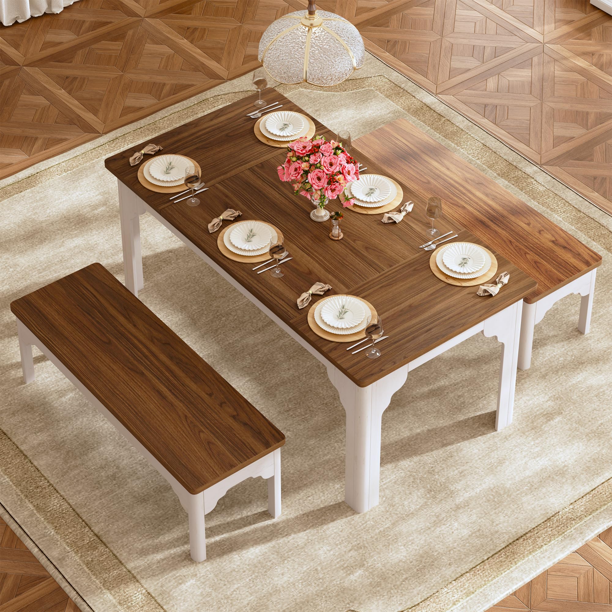 Farmhouse Dining Table Set with 2 Benches