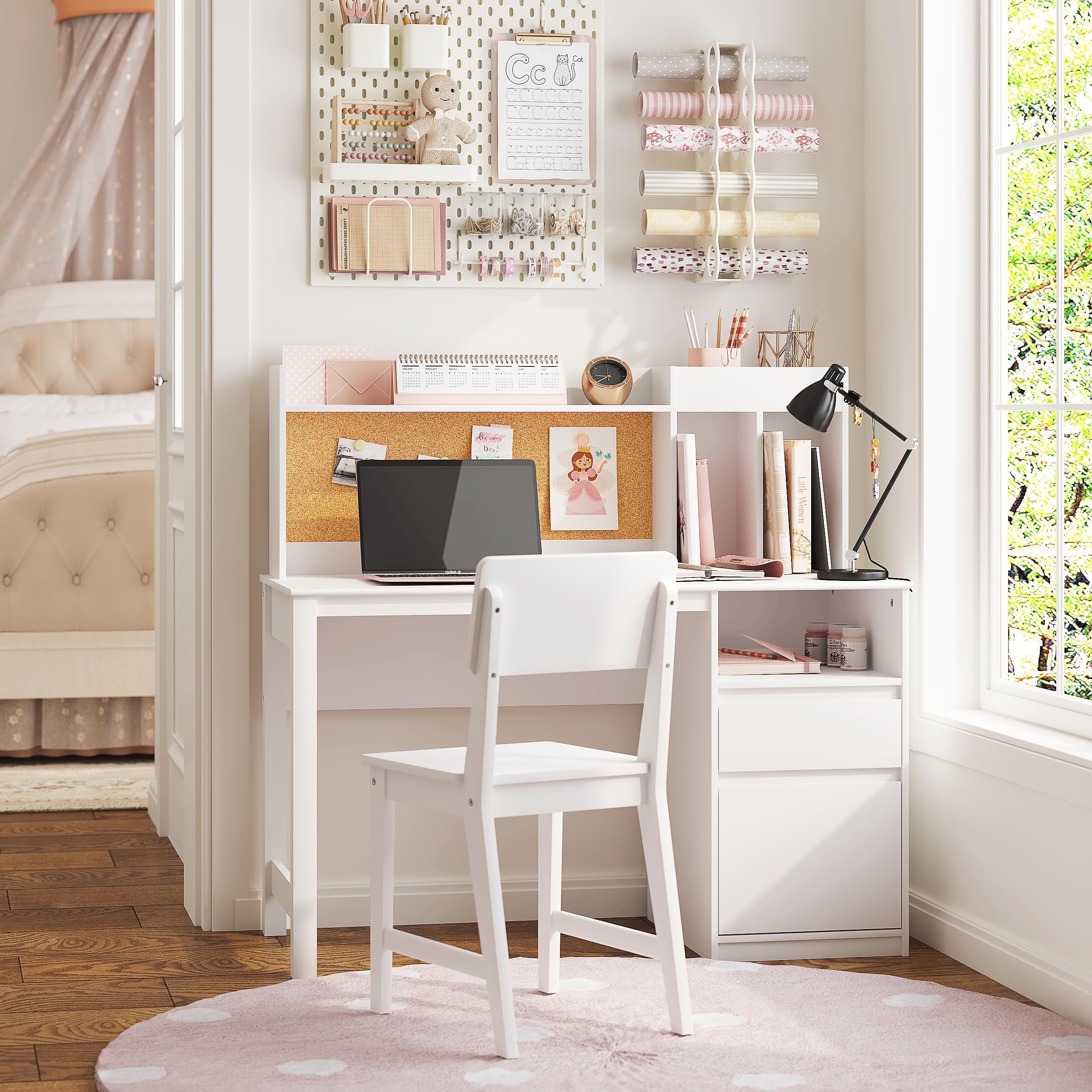 Kids Desk and Chair Set with Hutch and Storage