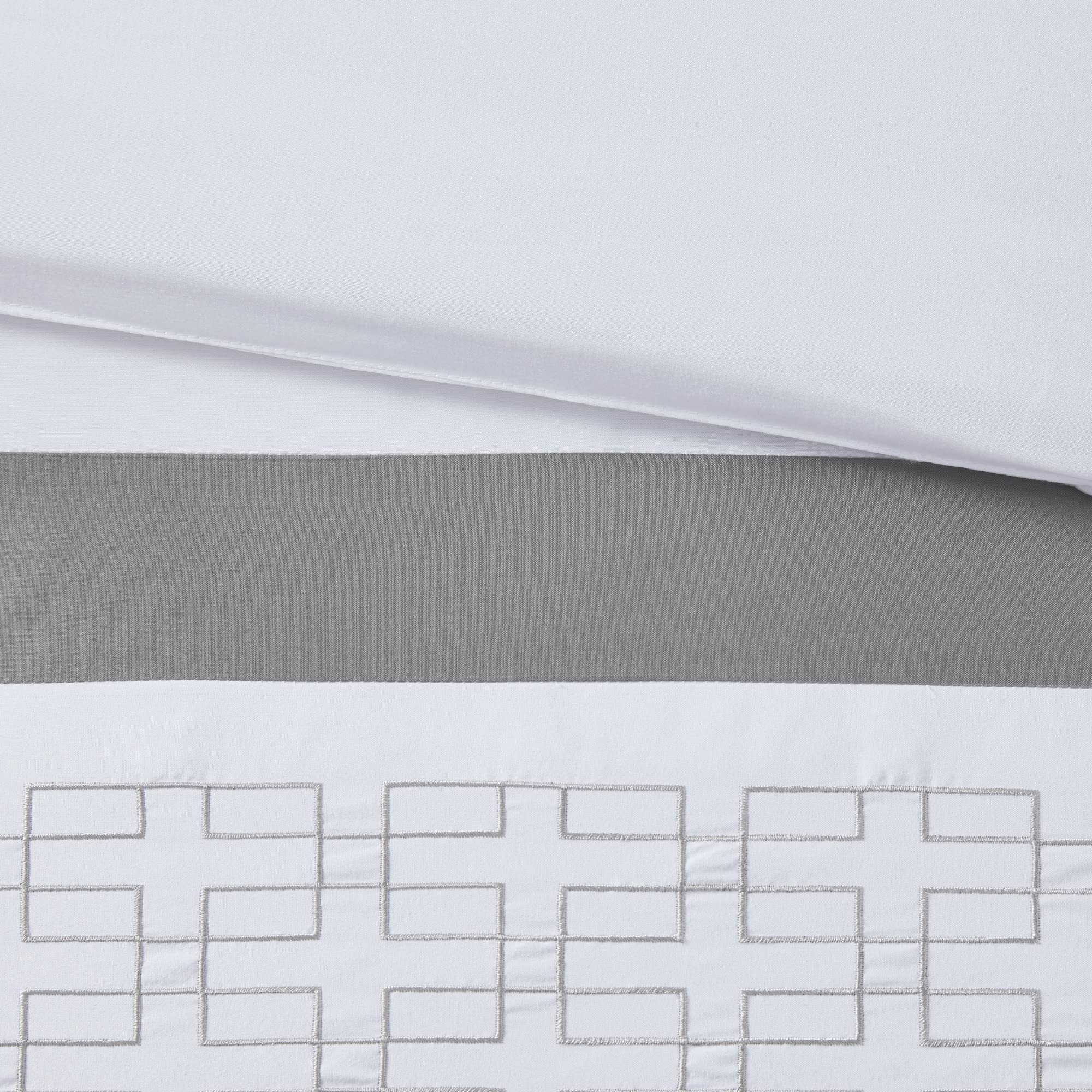 510 DESIGN Powell Cozy Comforter Set, Hotel Style Border Design with Geometric Embroidery Details, All Season Bedding with Matching Sham, Decorative Pillow, Bedskirt, Queen(90"x90"), White 8 Piece