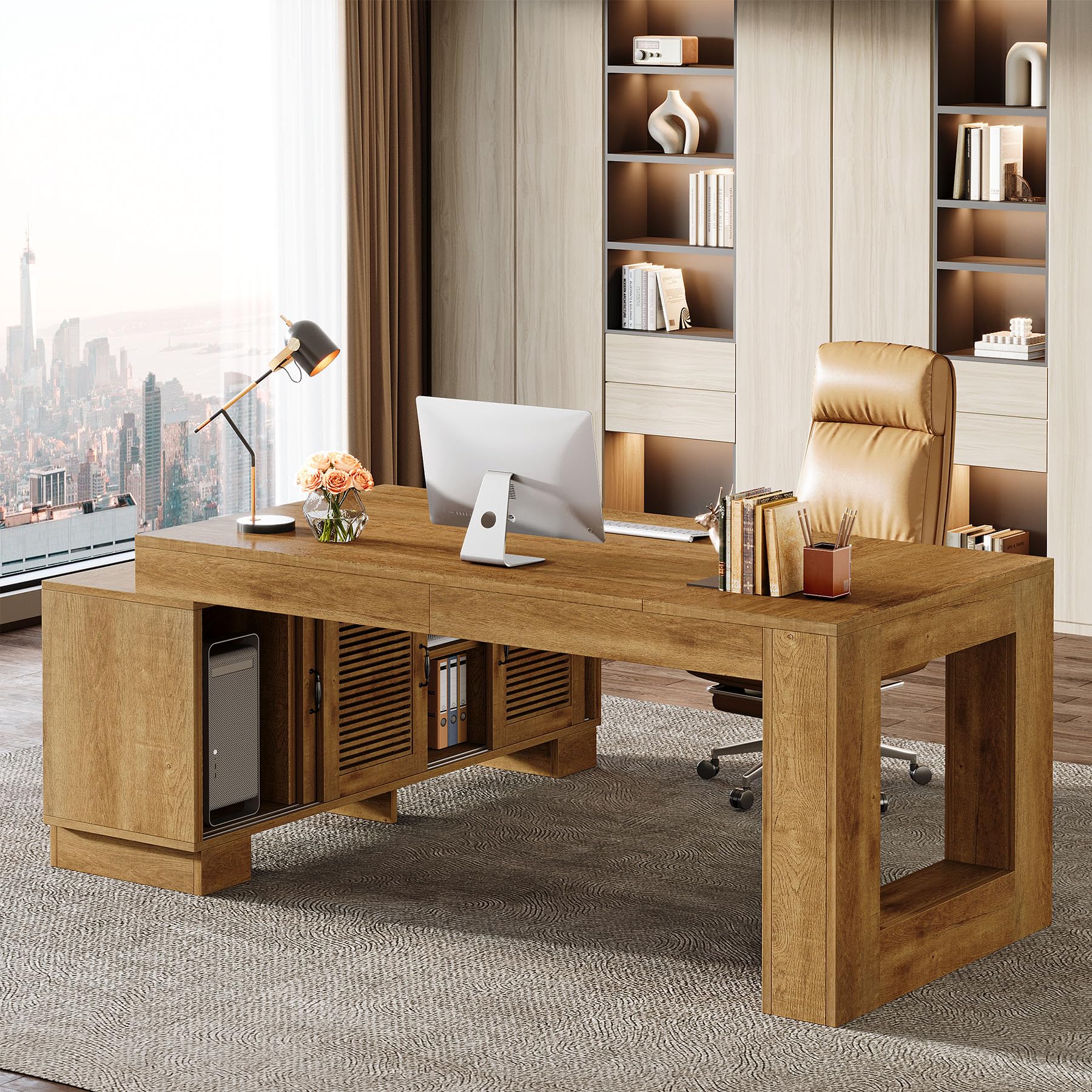 L-Shaped Executive Desk with Storage Cabinets and Shelf