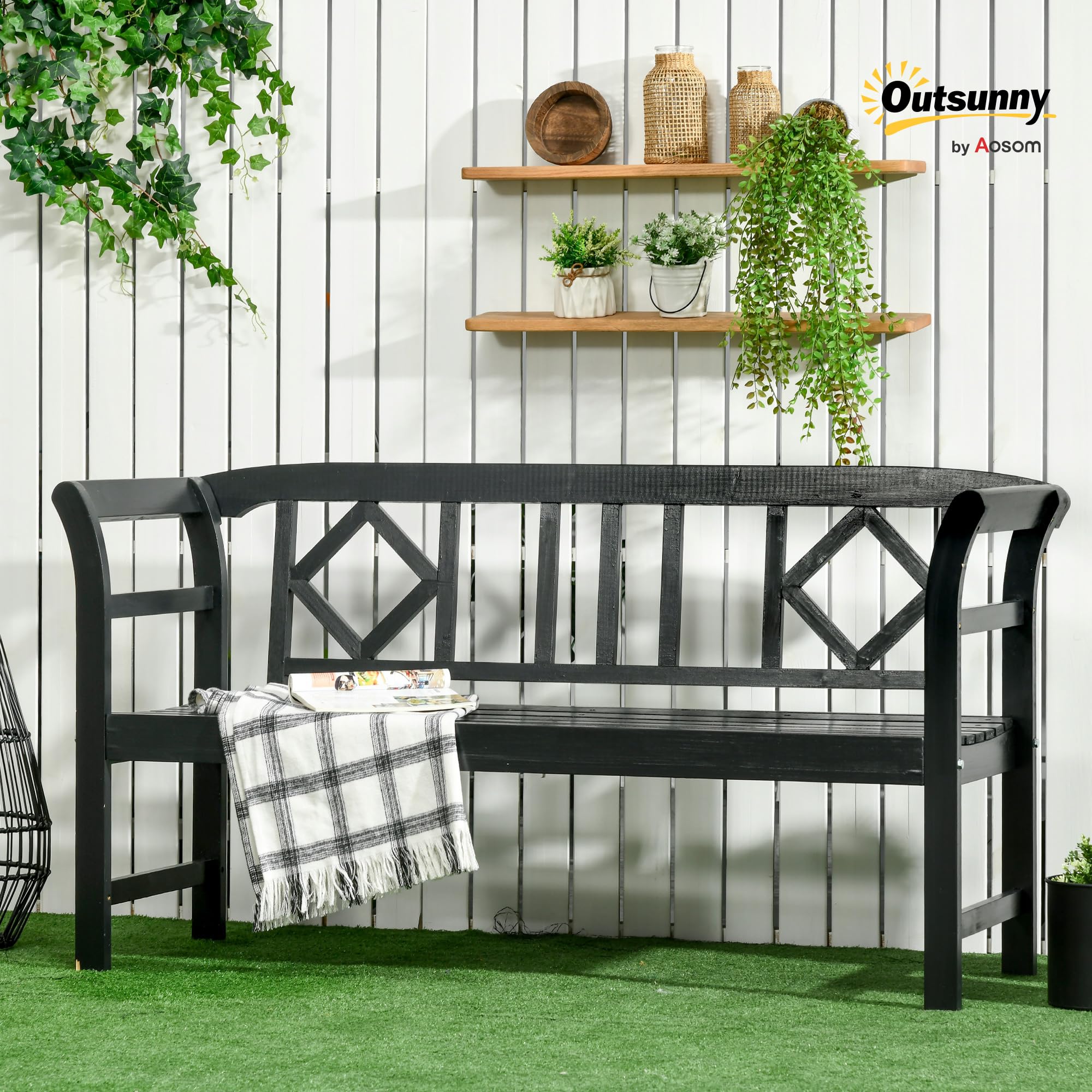 3-Person Wooden Outdoor Bench with Diamond Pattern
