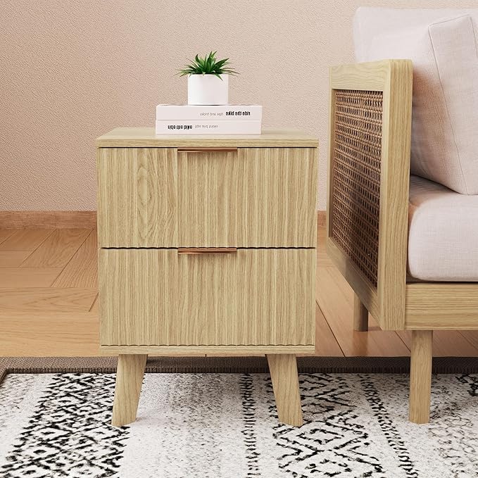 Fluted Nightstand Set of 2 with 2 Drawers