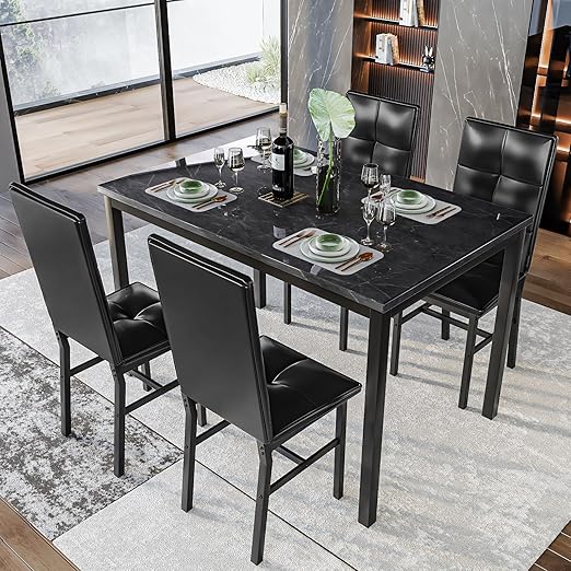 5-Piece Faux Marble Dining Table Set with 4 Chairs