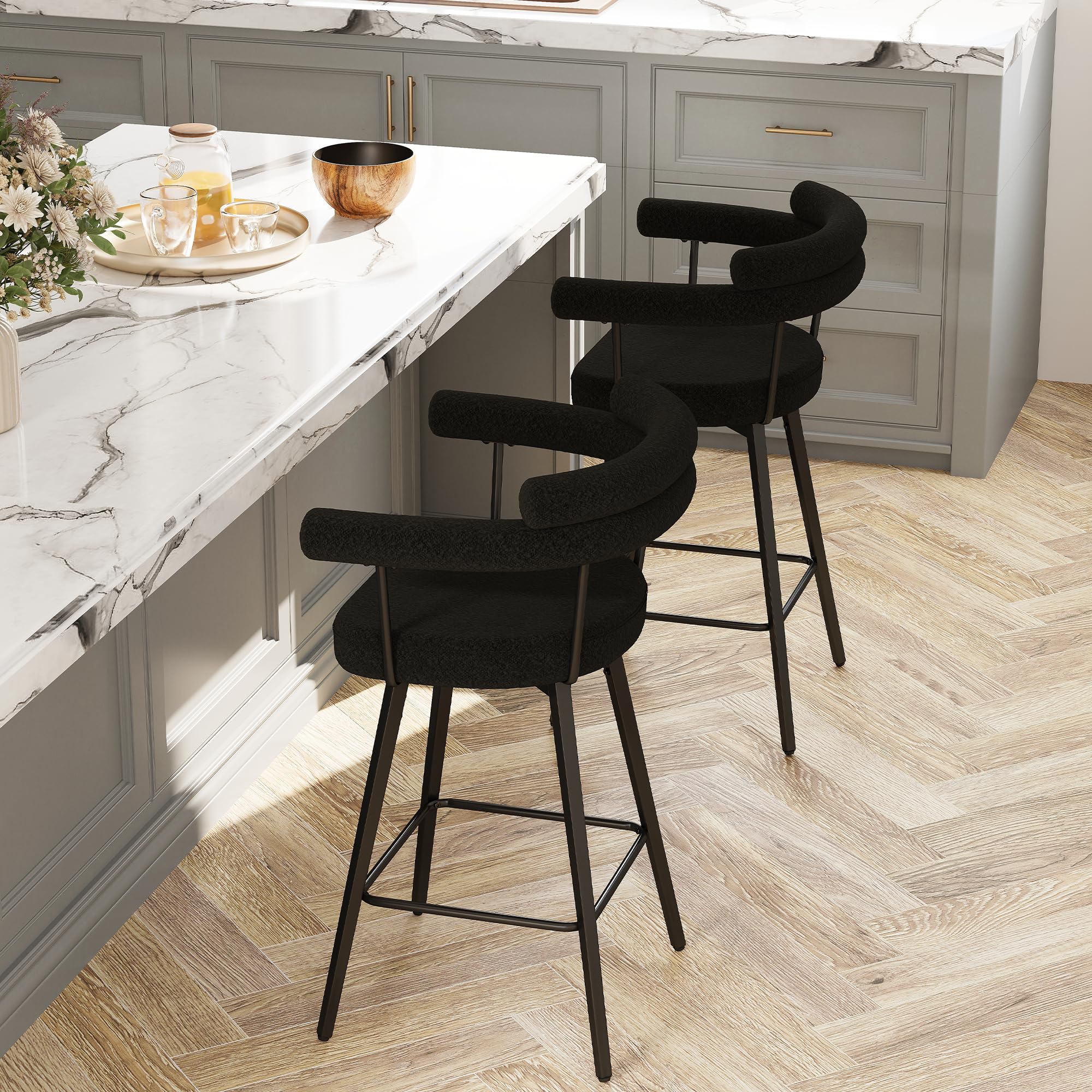 26" Swivel Bar Stools Set of 2 Black Boucle Counter Height