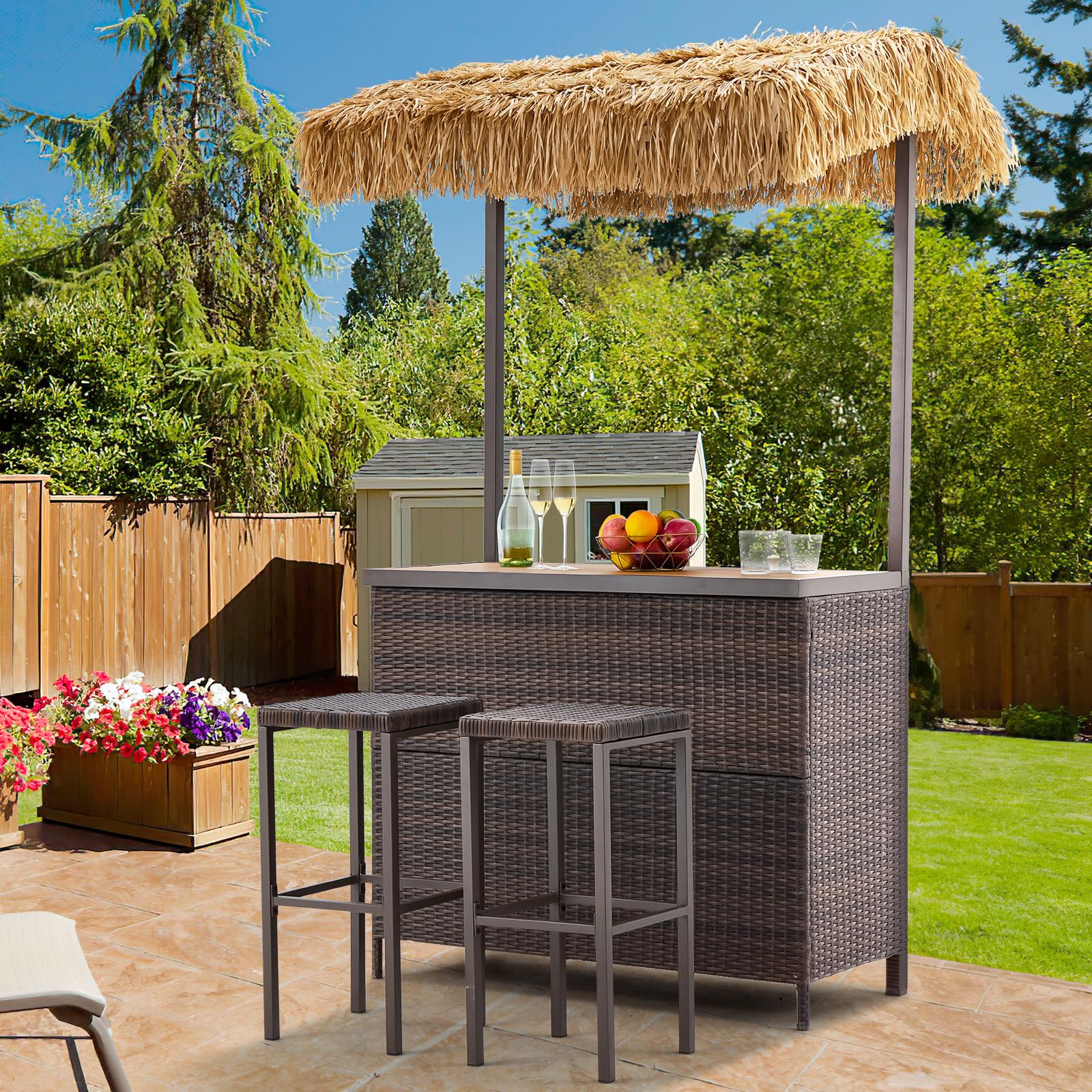 Outdoor Tiki Bar Set with 2 Stools