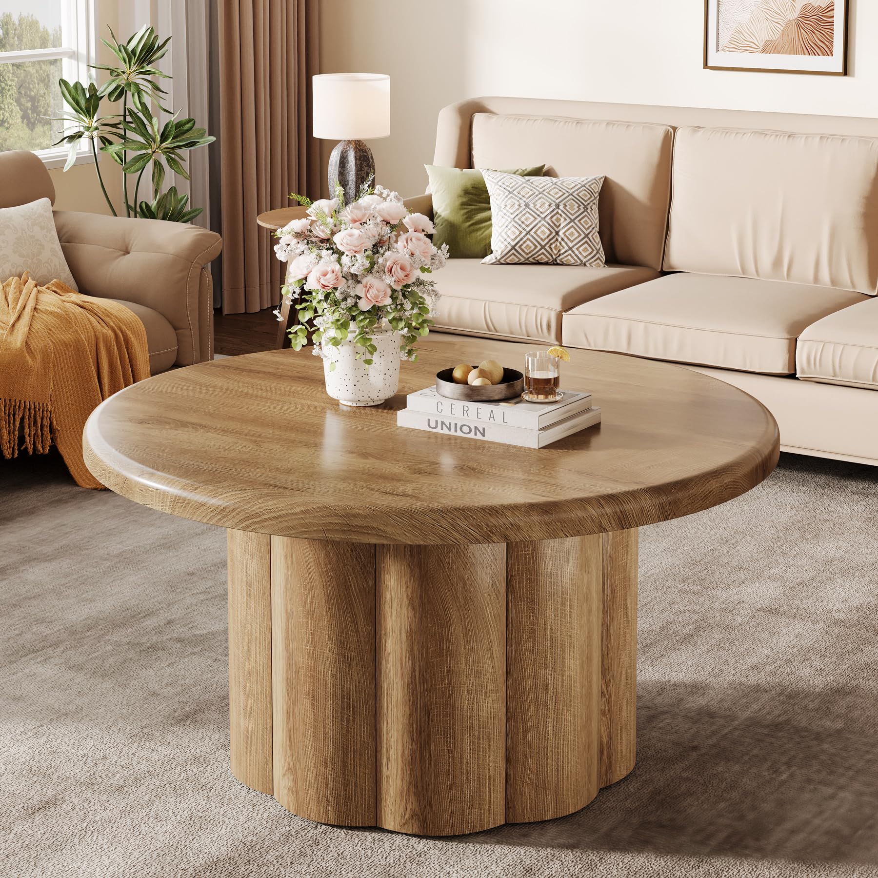 Round Coffee Table with Fluted Drum Base