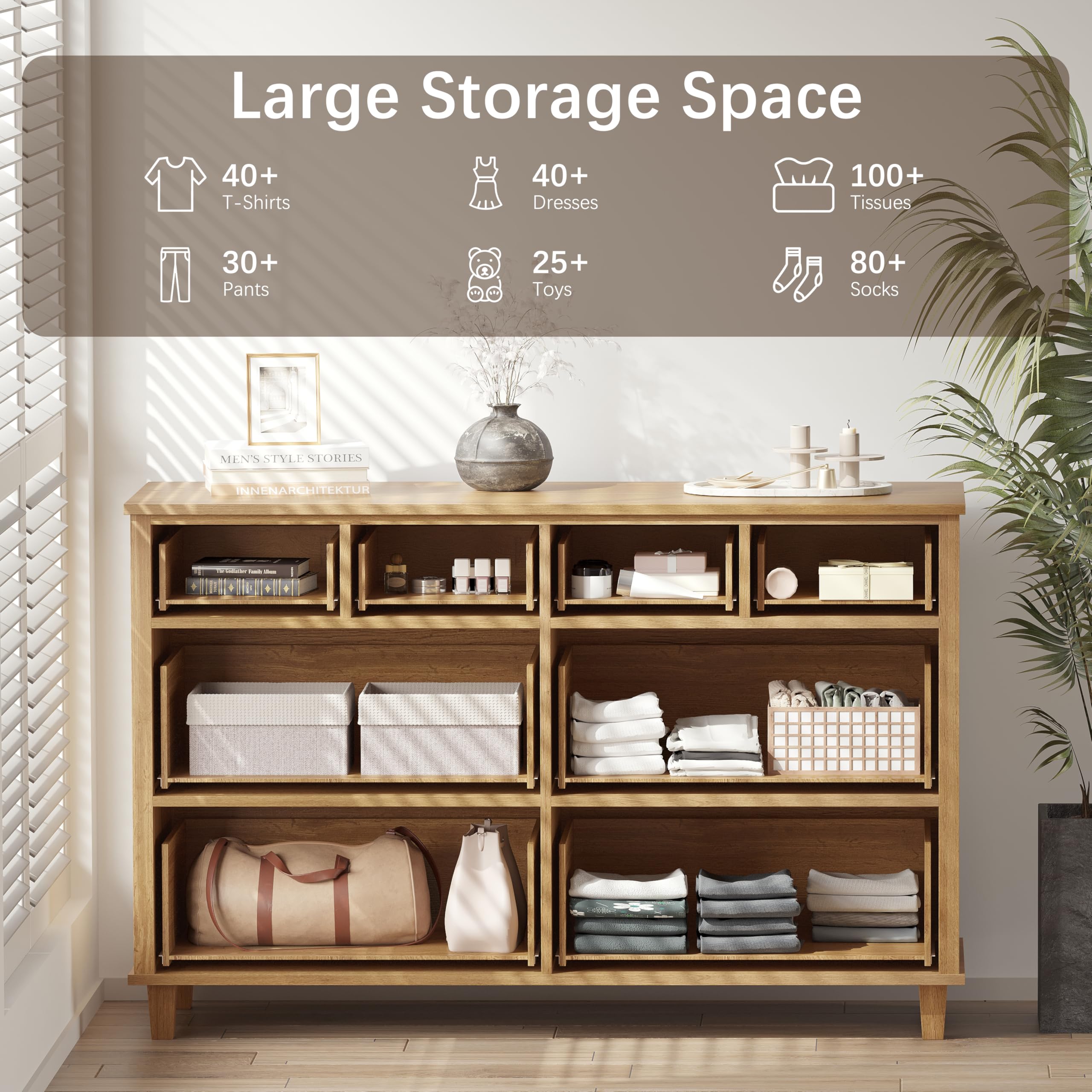 8 Drawer Wood Dresser 56.3" Wide Storage Chest