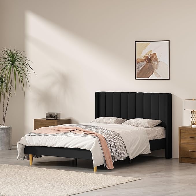 Pink Full Size Upholstered Platform Bed Frame with Wingback Headboard