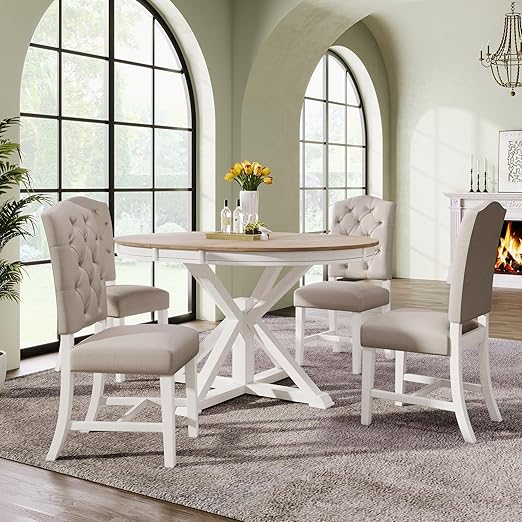 Round Extendable Dining Table Set for 4 with Upholstered Chairs
