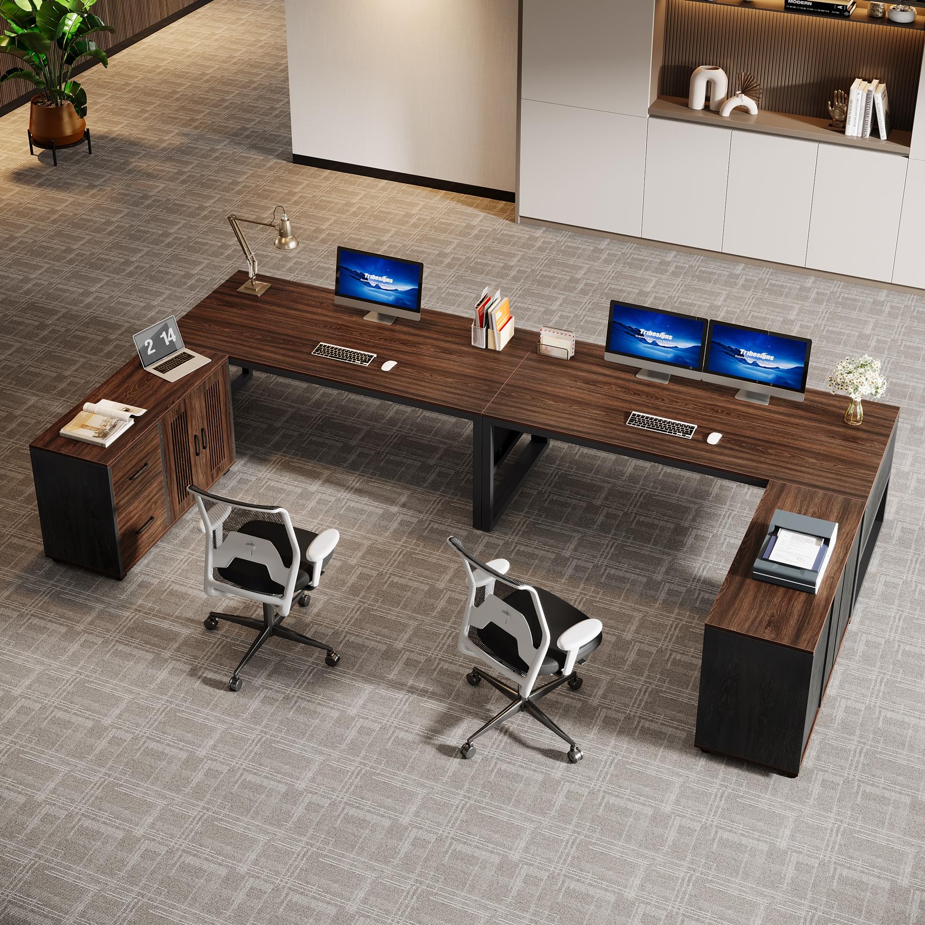 63-Inch L-Shaped Executive Desk with Mobile File Cabinet