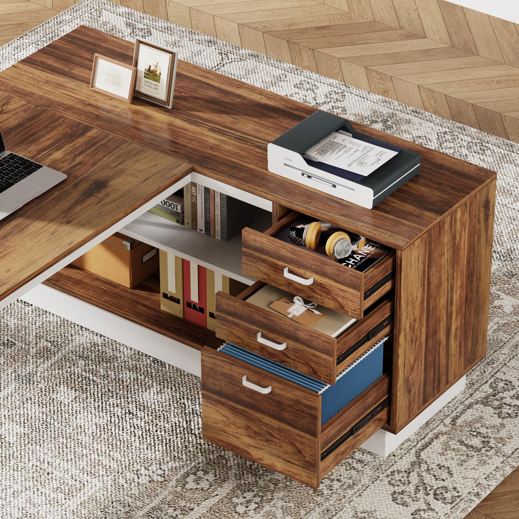 71-Inch L-Shaped Executive Desk with Cabinet and Storage