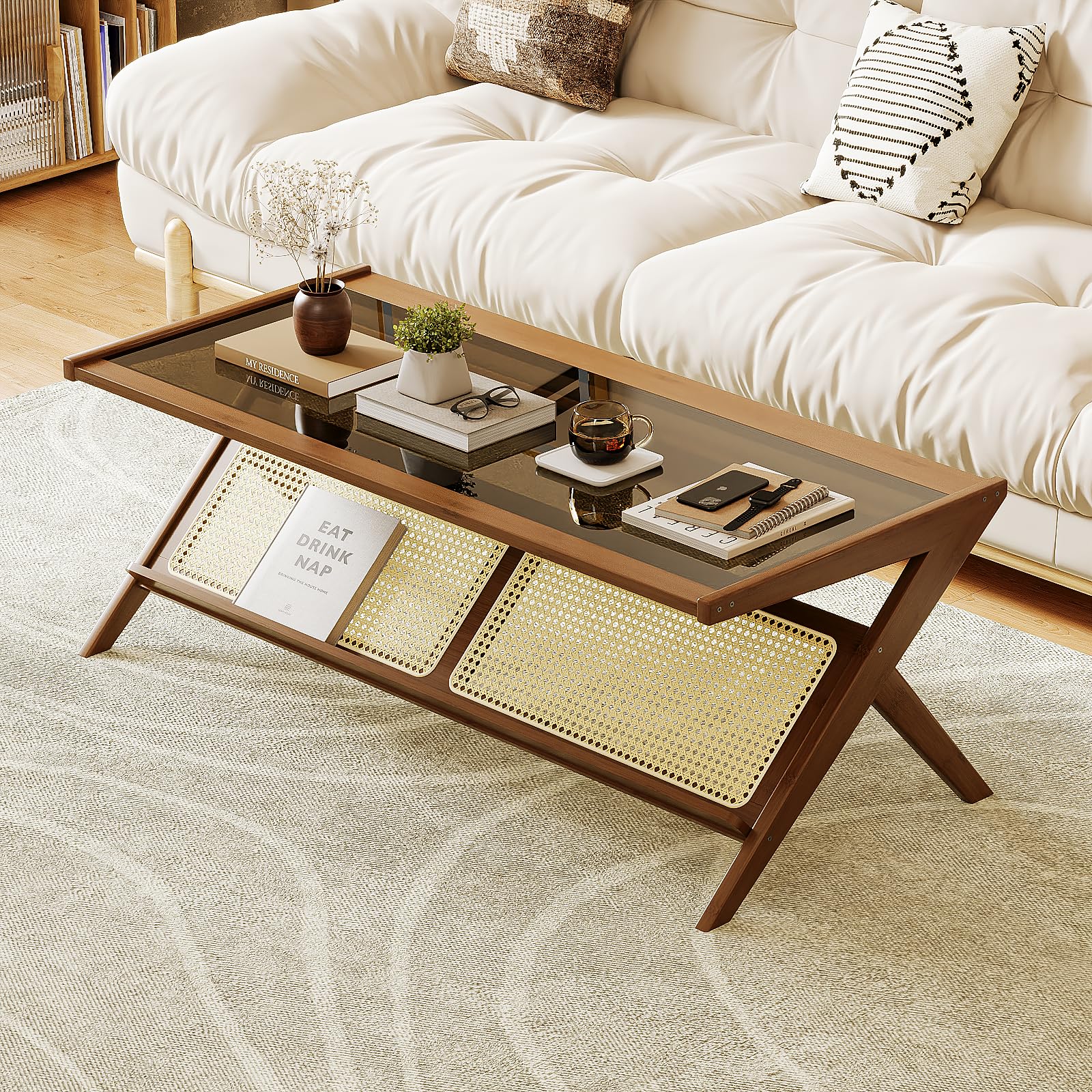 Mid-Century Modern Coffee Table with Glass Top and Rattan Storage