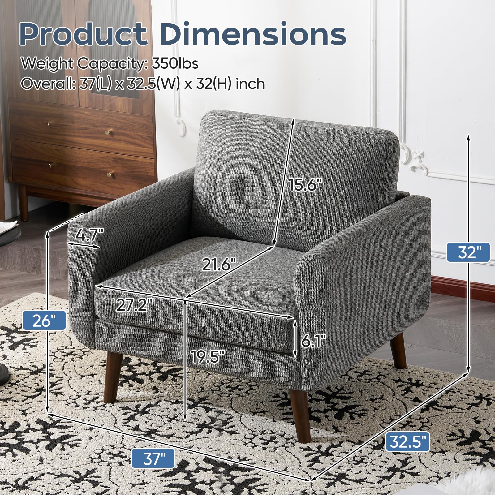 ELUCHANG Accent Chairs Set of 2, Oversized Mid Century Modern Arm Chair, Soft Linen Fabric Sofa Chairs Upholstered Comfy Chair for Living Room Bedroom Apartment (Grey)