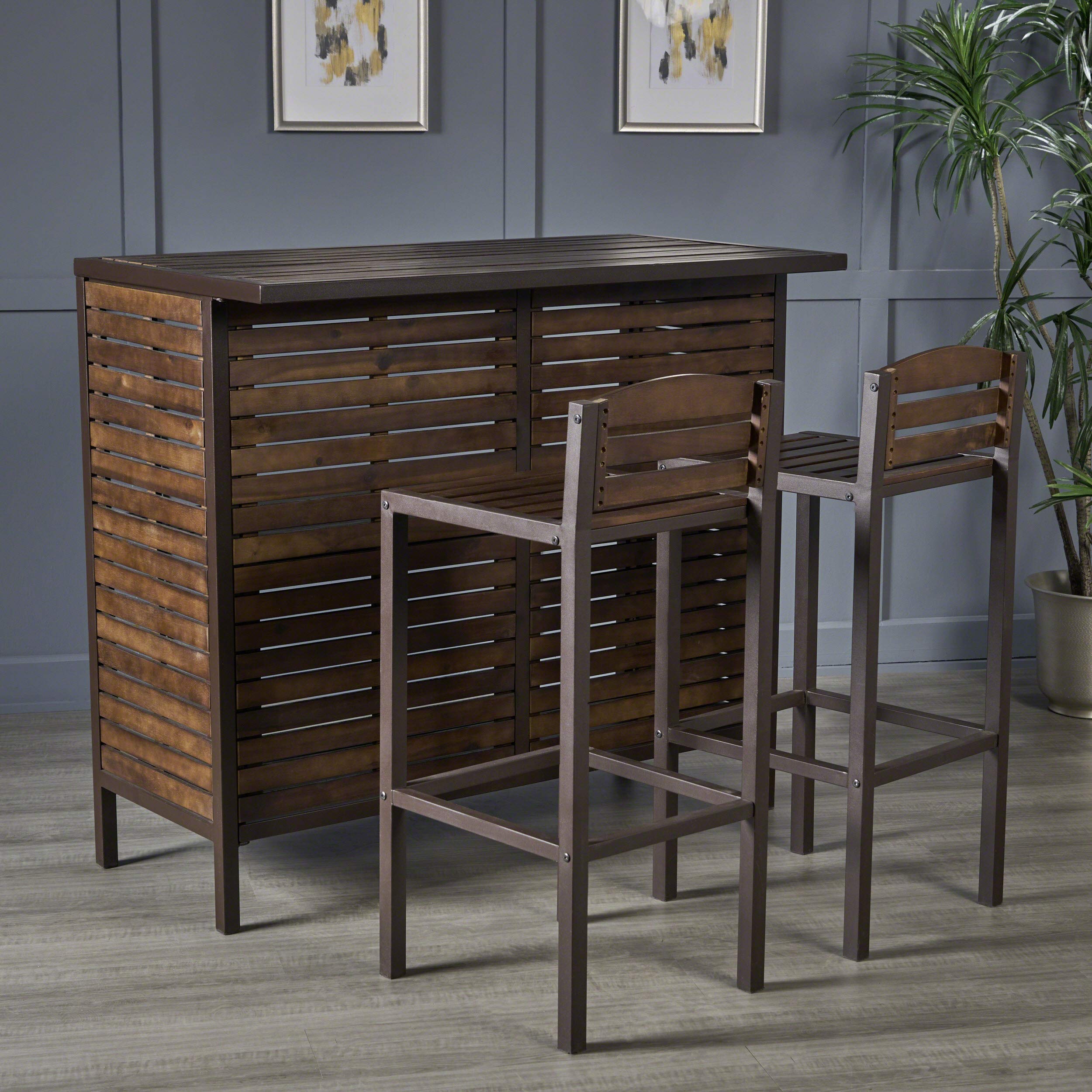 Acacia Wood Bar Set with Rustic Metal Accents