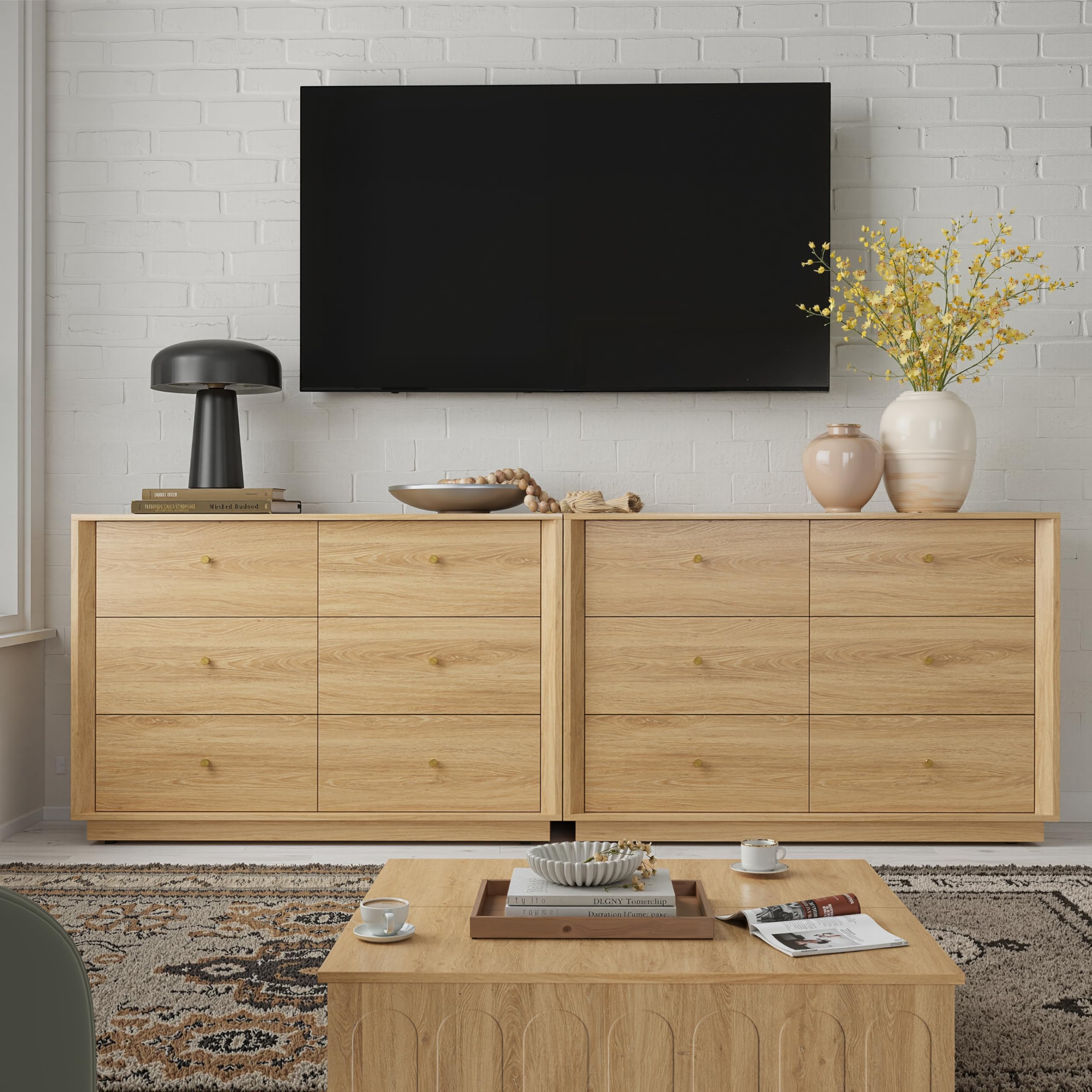 Mid Century Modern 6 Drawer Dresser 47 Inch Wide Gold Oak
