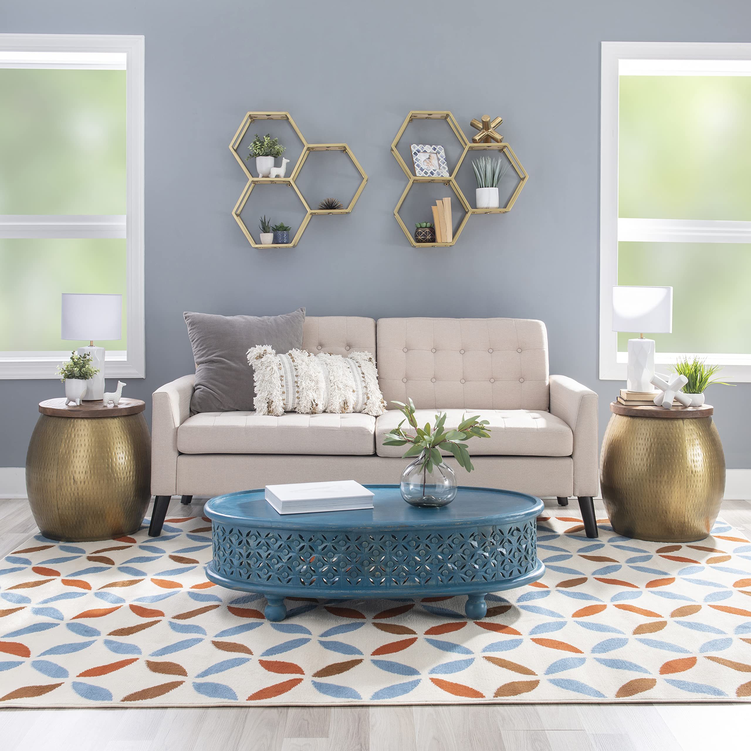 Brass Drum Side Table with Wood Top and Storage