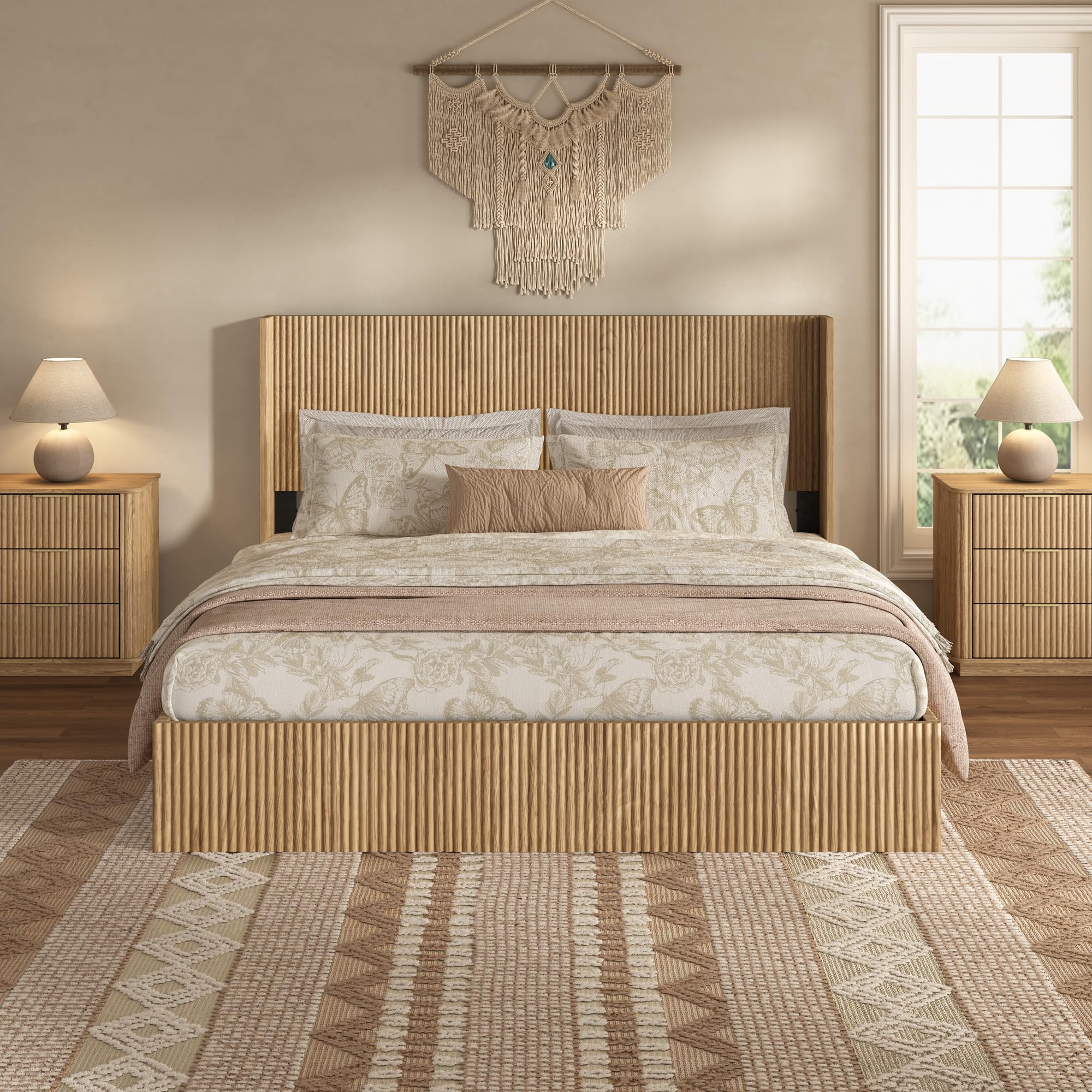Queen Platform Bed Frame with Fluted Headboard and Lift-Up Storage