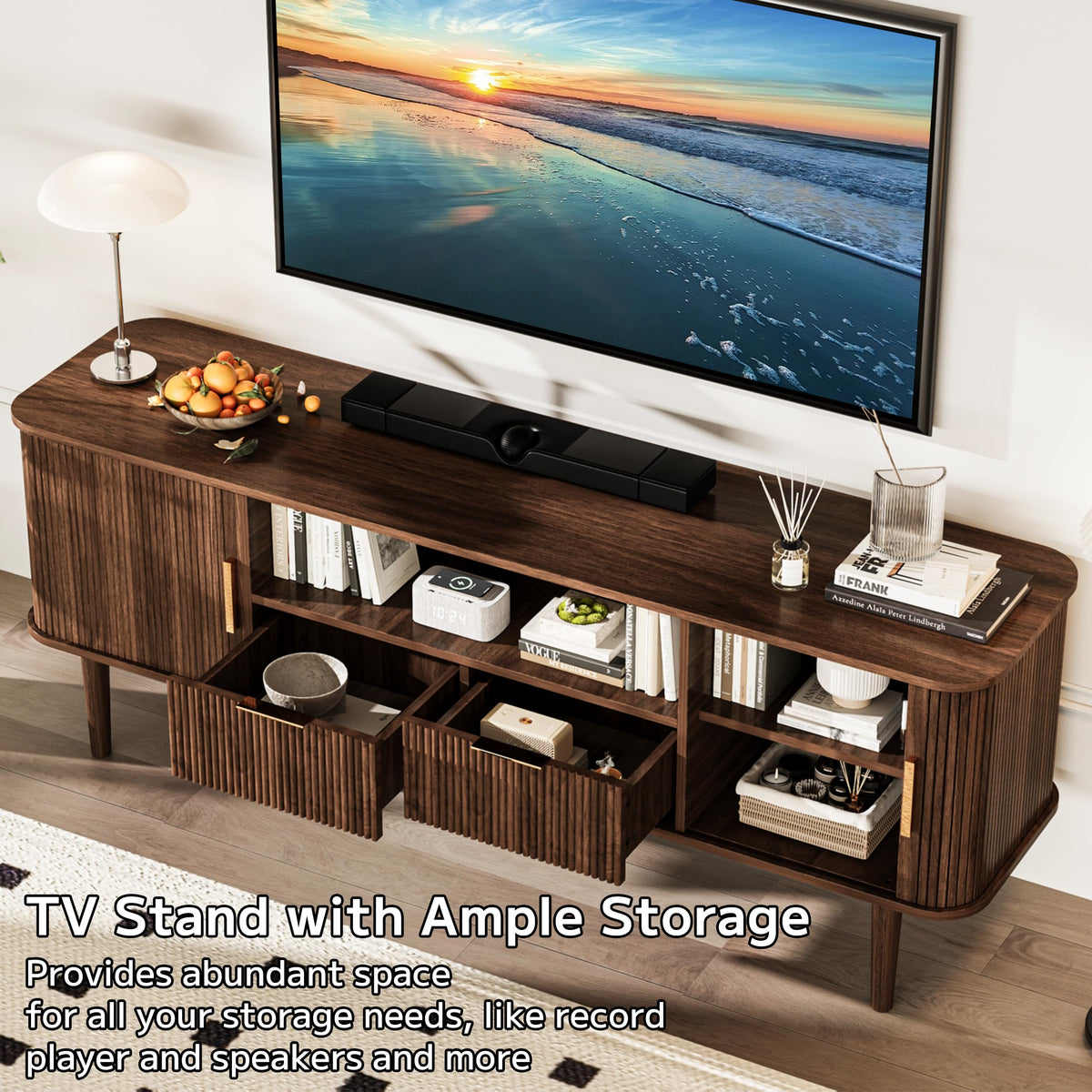 62.4 Inch Fluted TV Stand with Sliding Tambour Door