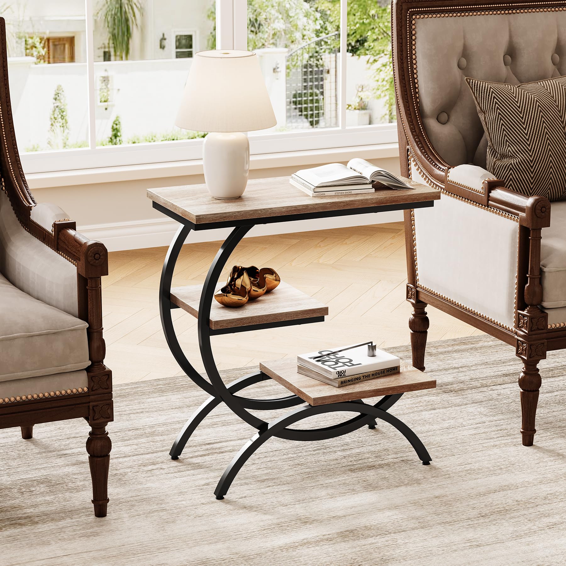 C-Shaped End Table with Storage Shelves