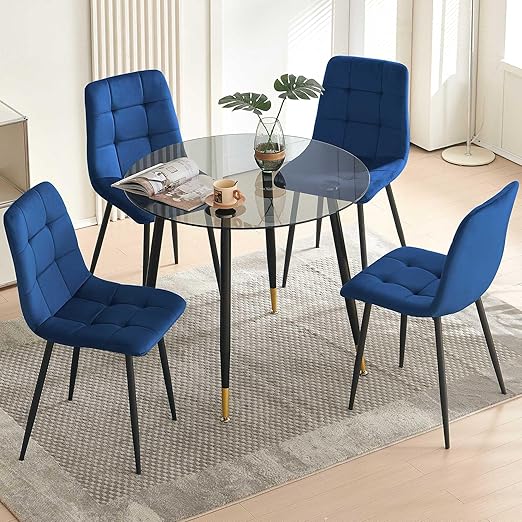 5-Piece Modern Dining Set with Round Tempered Glass Table & Yellow Velvet Chairs