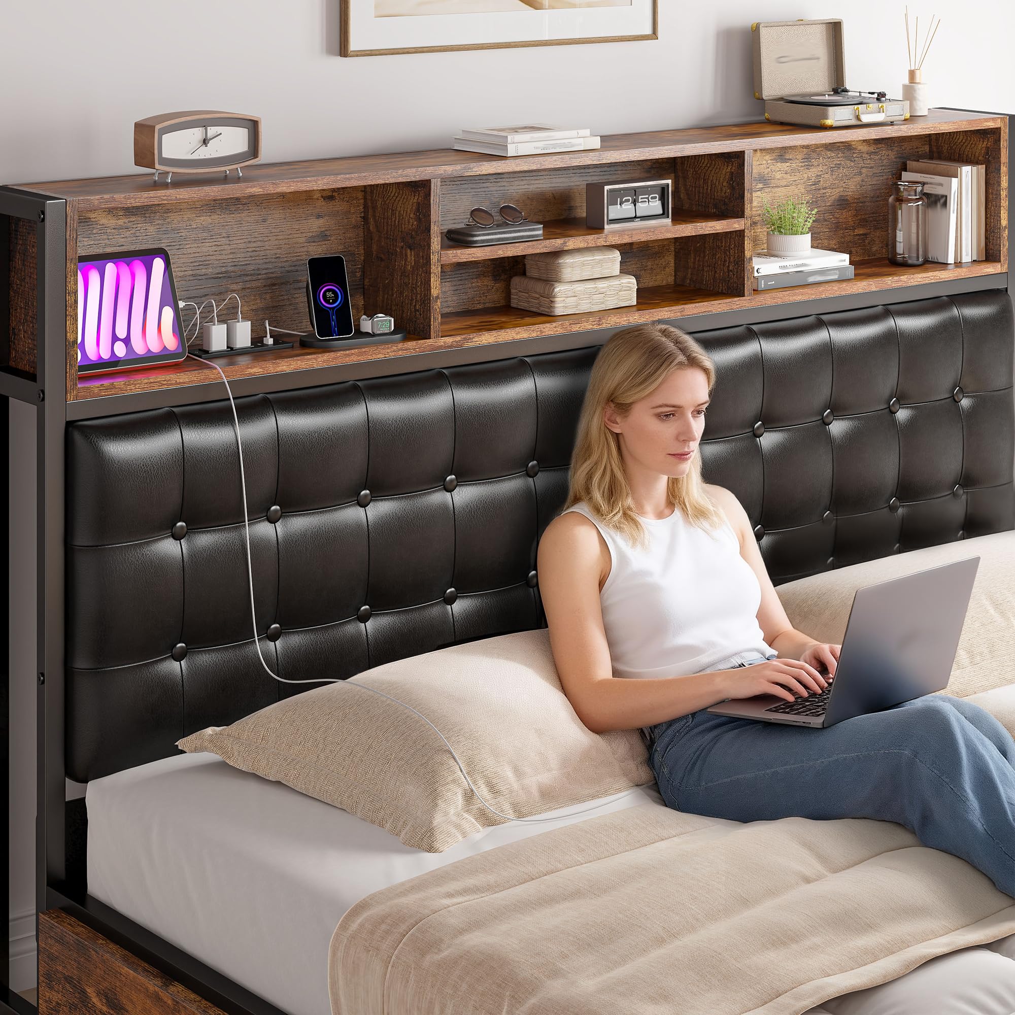 King Size Bed Frame with Storage Drawers and Charging Station