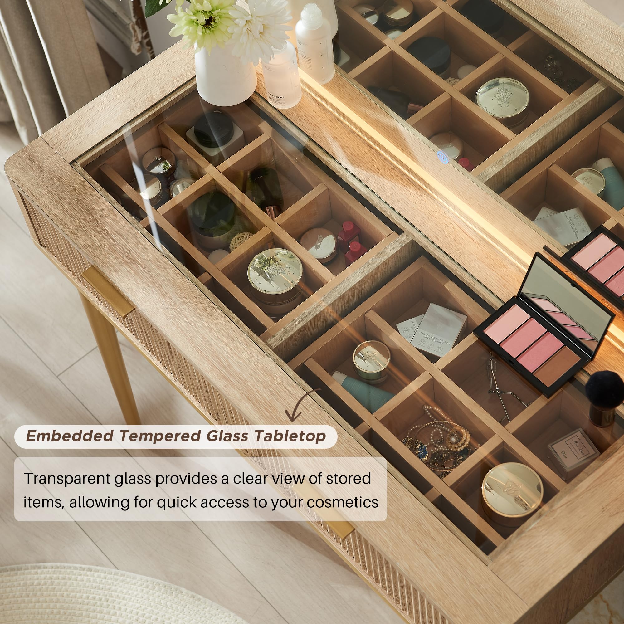 Fluted Makeup Vanity Desk with HD Lighted Mirror and Storage