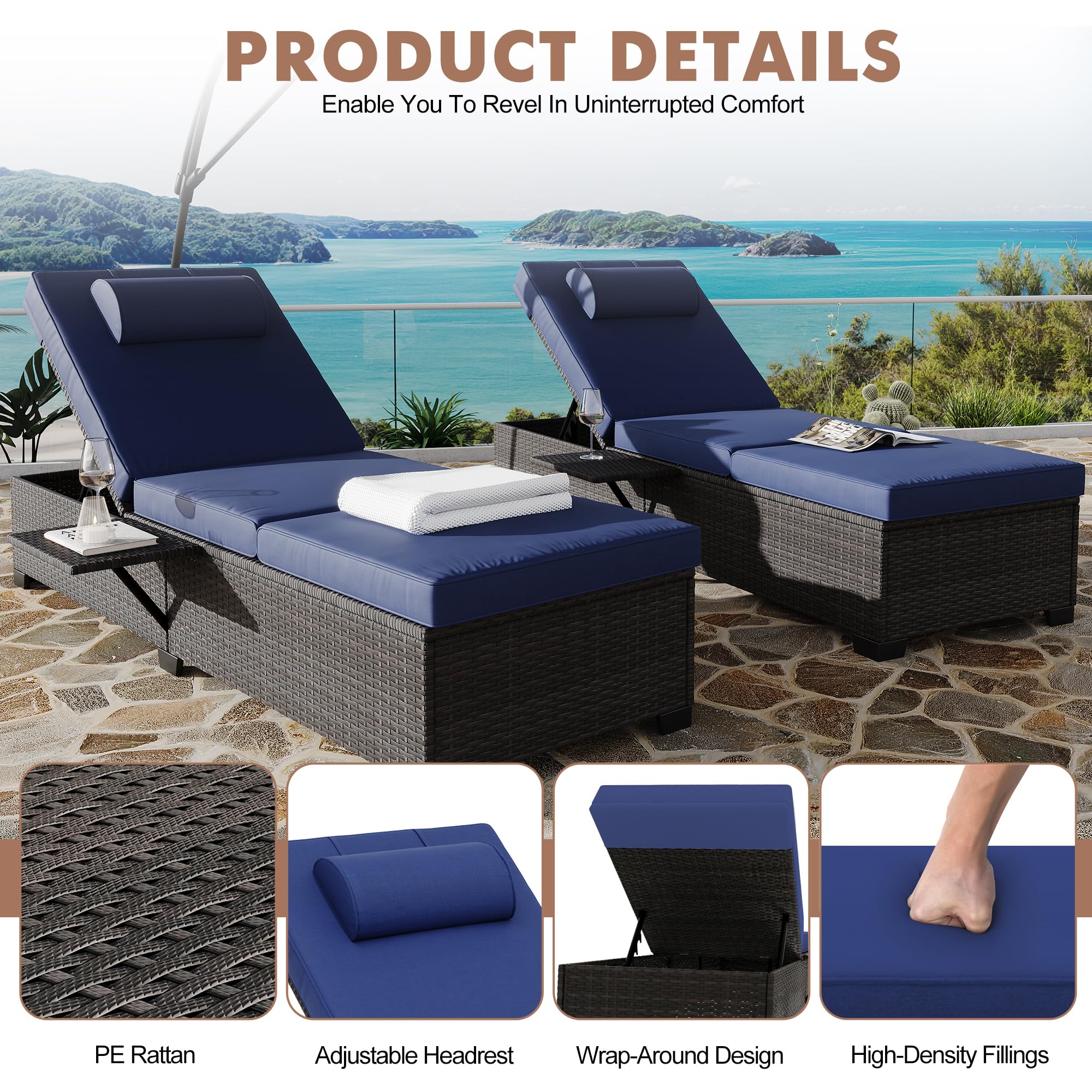 Outdoor PE Wicker Chaise Lounge Chairs Set of 2