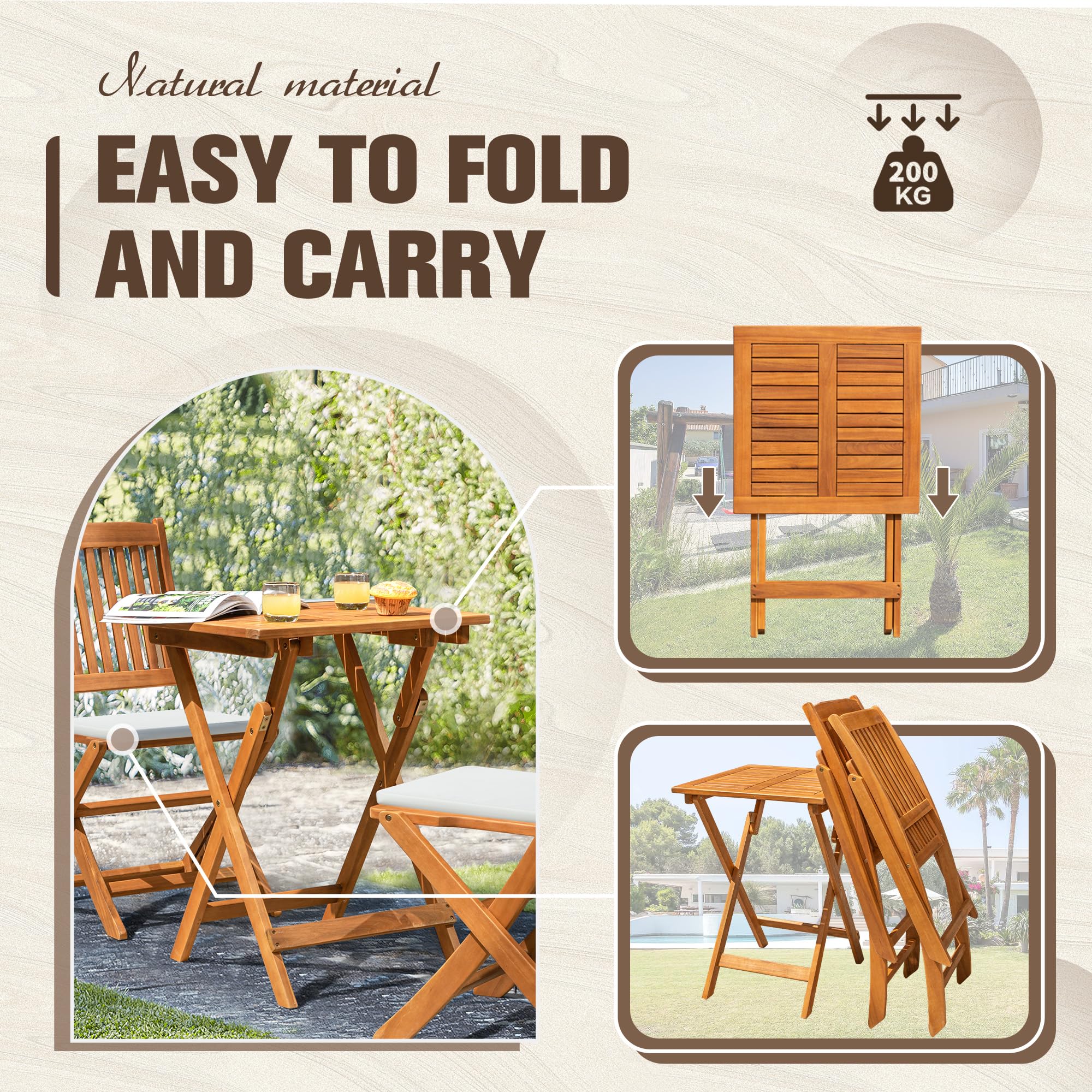 Folding Acacia Wood Bistro Set 3 Piece