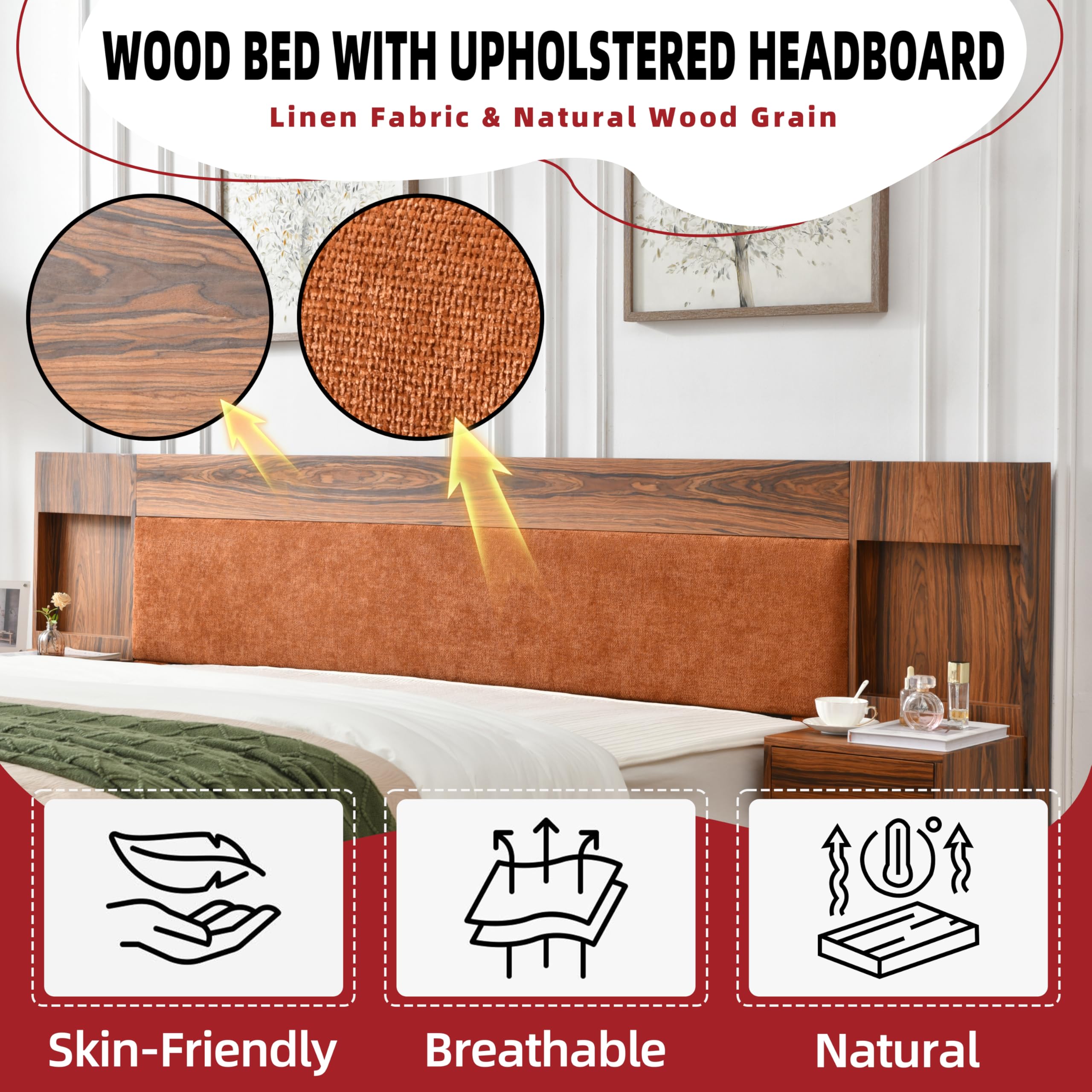 King Bed Frame with Nightstands and Storage Drawers