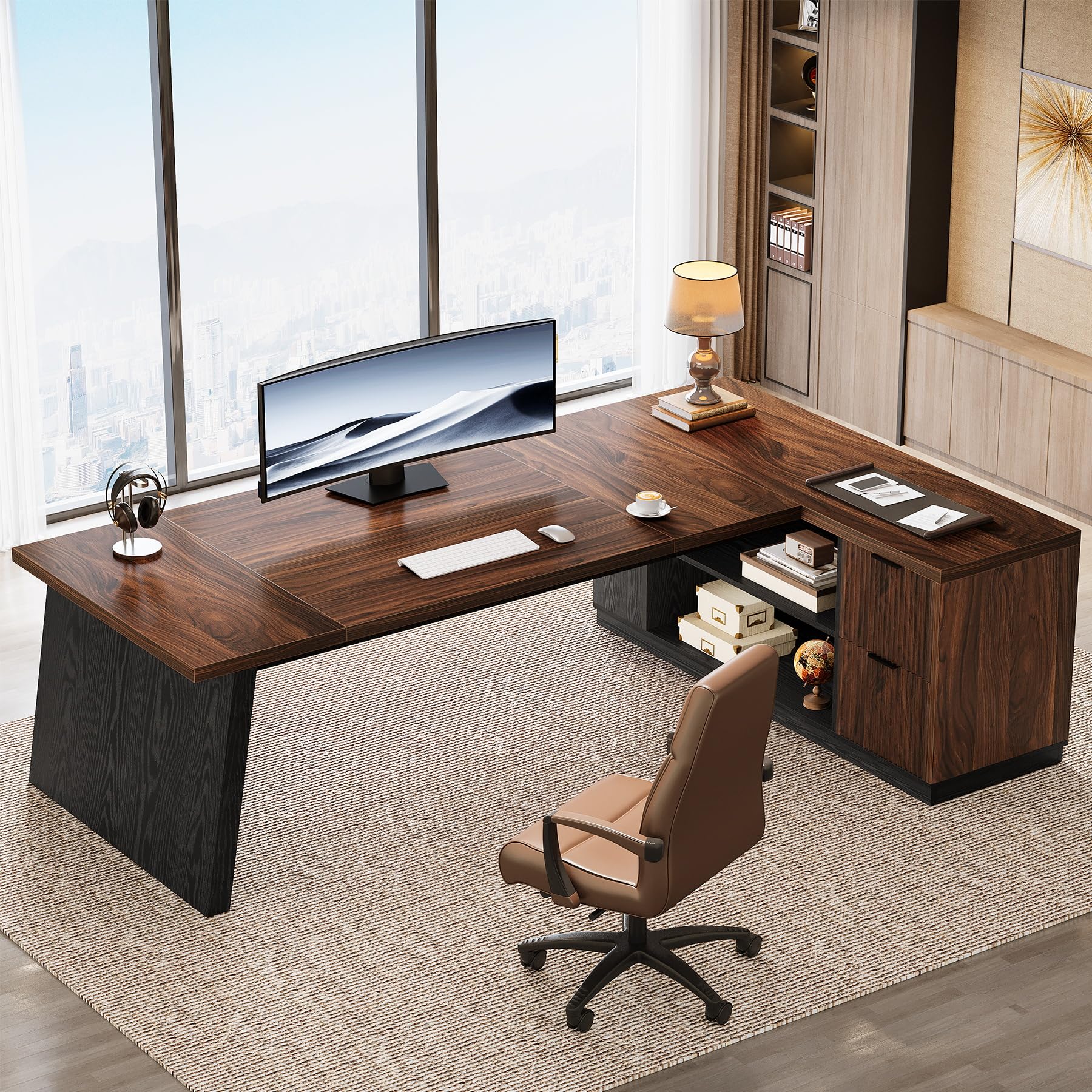 78" L-Shaped Executive Desk with Drawers and Storage Shelves