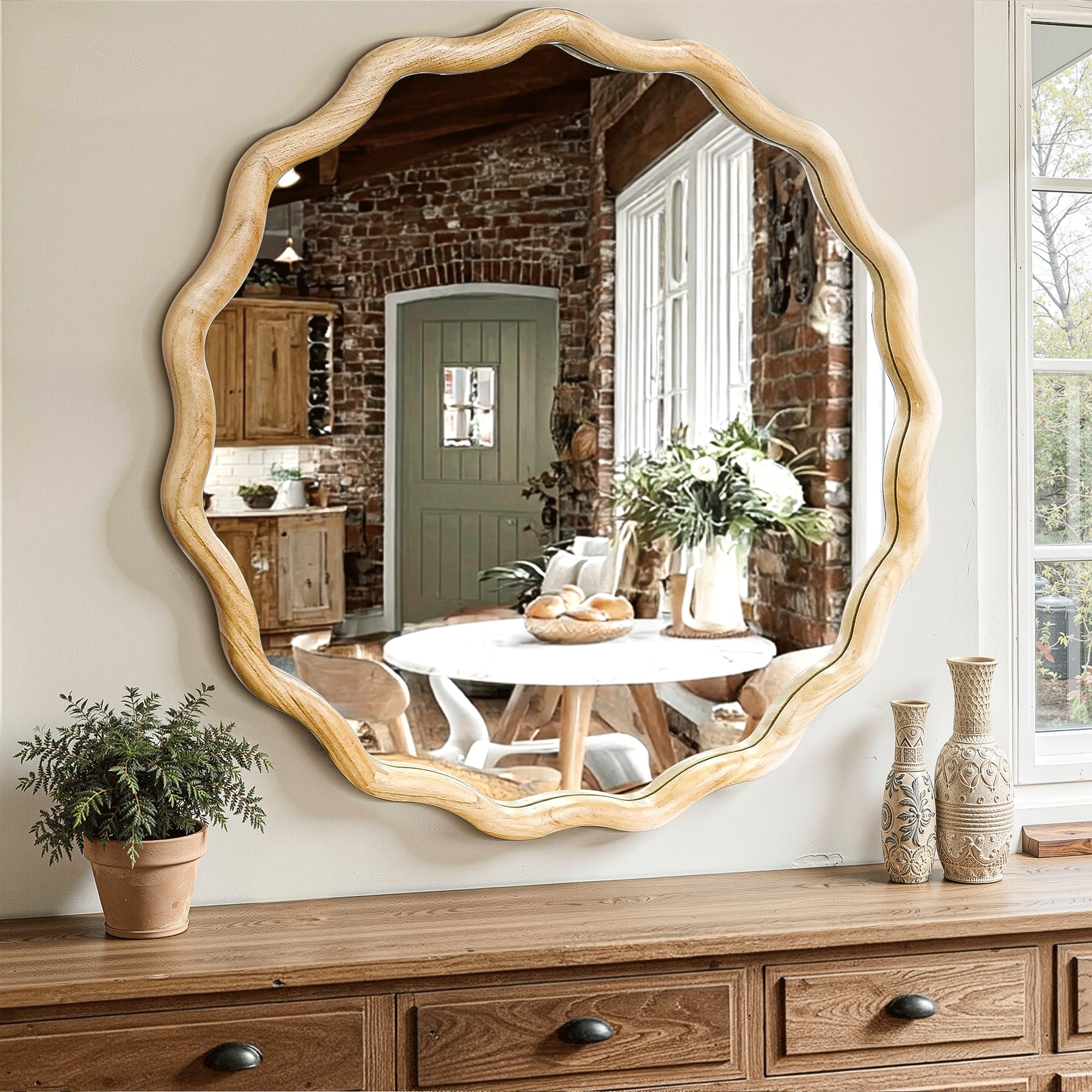 24" Wavy Round Wood Mirror